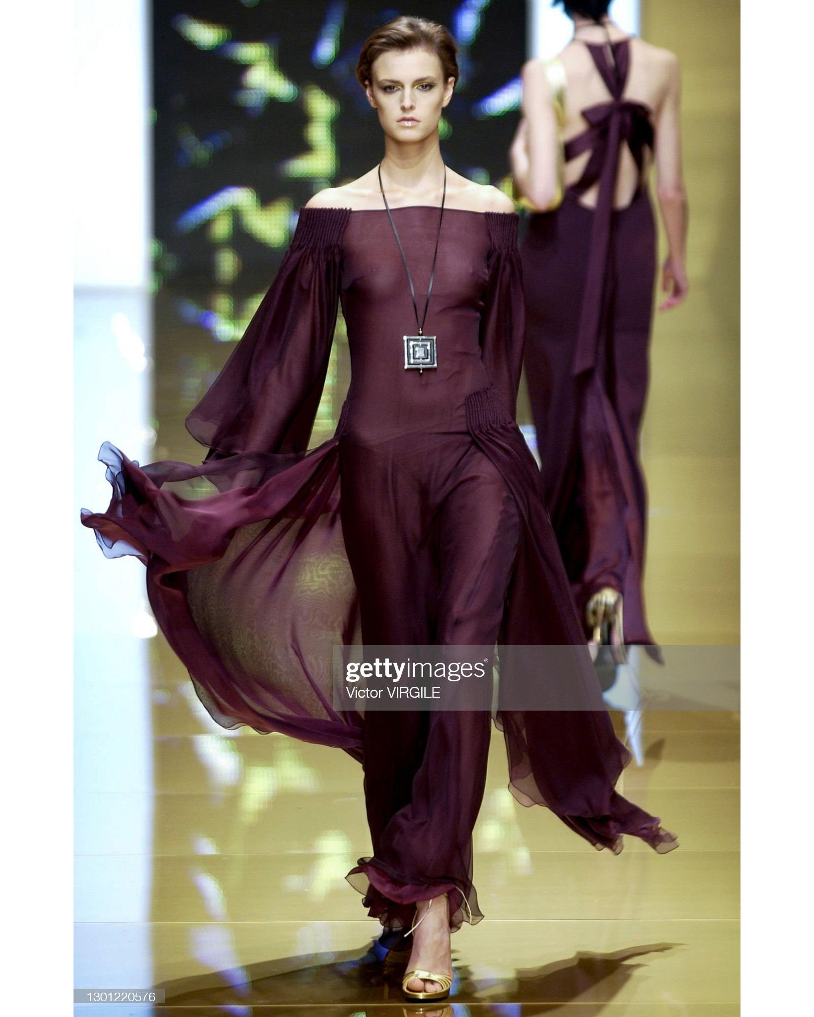Women's Valentino plum silk angel-sleeve evening dress, fw 2002 For Sale