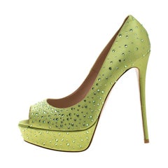 Valentino Pop Apple Green Crystal Embellished Satin Peep Toe Platform Pumps Size