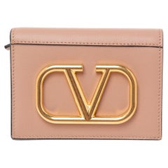 Valentino Poudre Beige Leather Vlogo Flap Compact Wallet