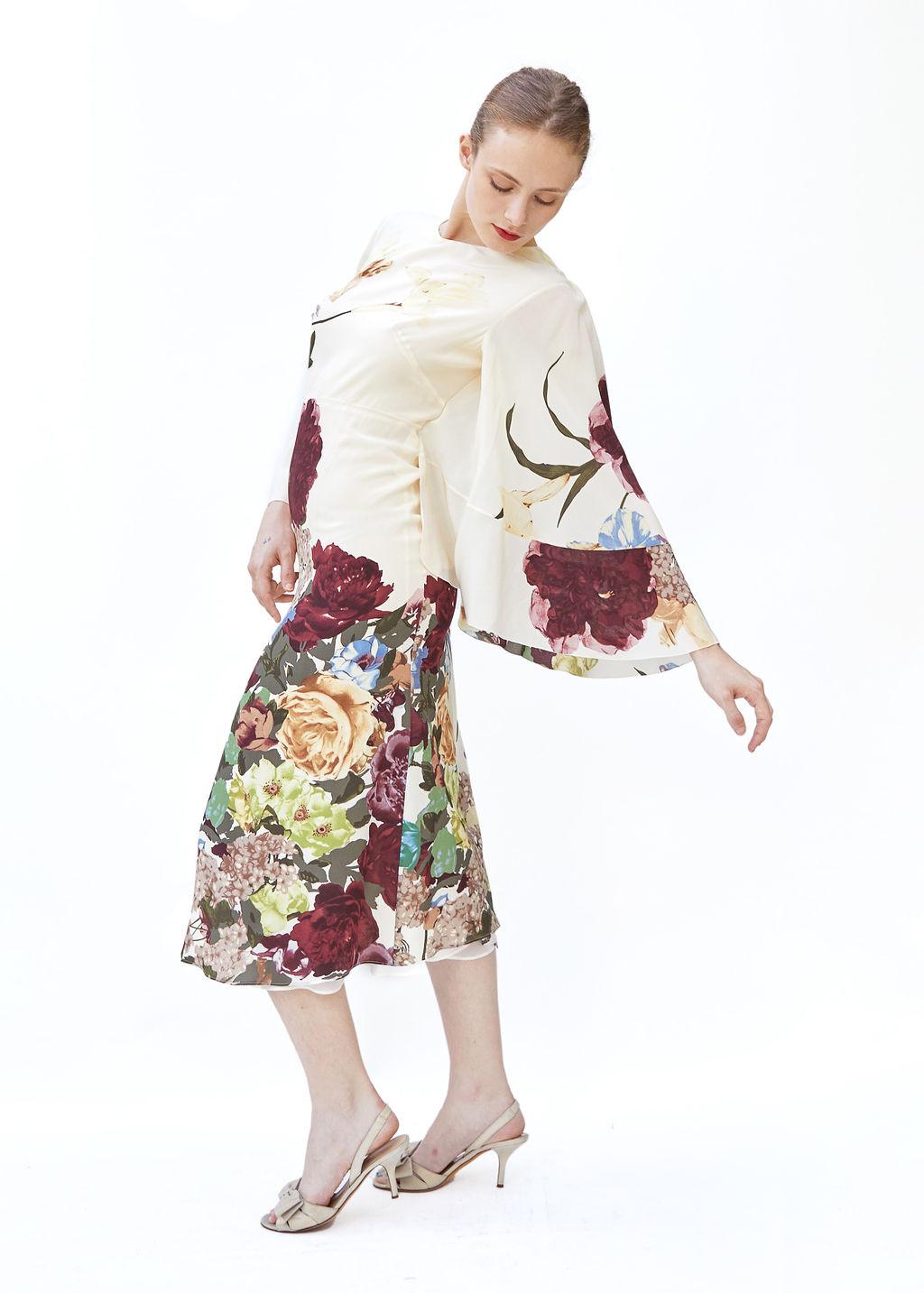 Beige Valentino Pre Fall 2016 Floral Dress with Cape