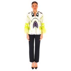 Valentino Printed Cotton Top With Feather Trimmed Sleeves