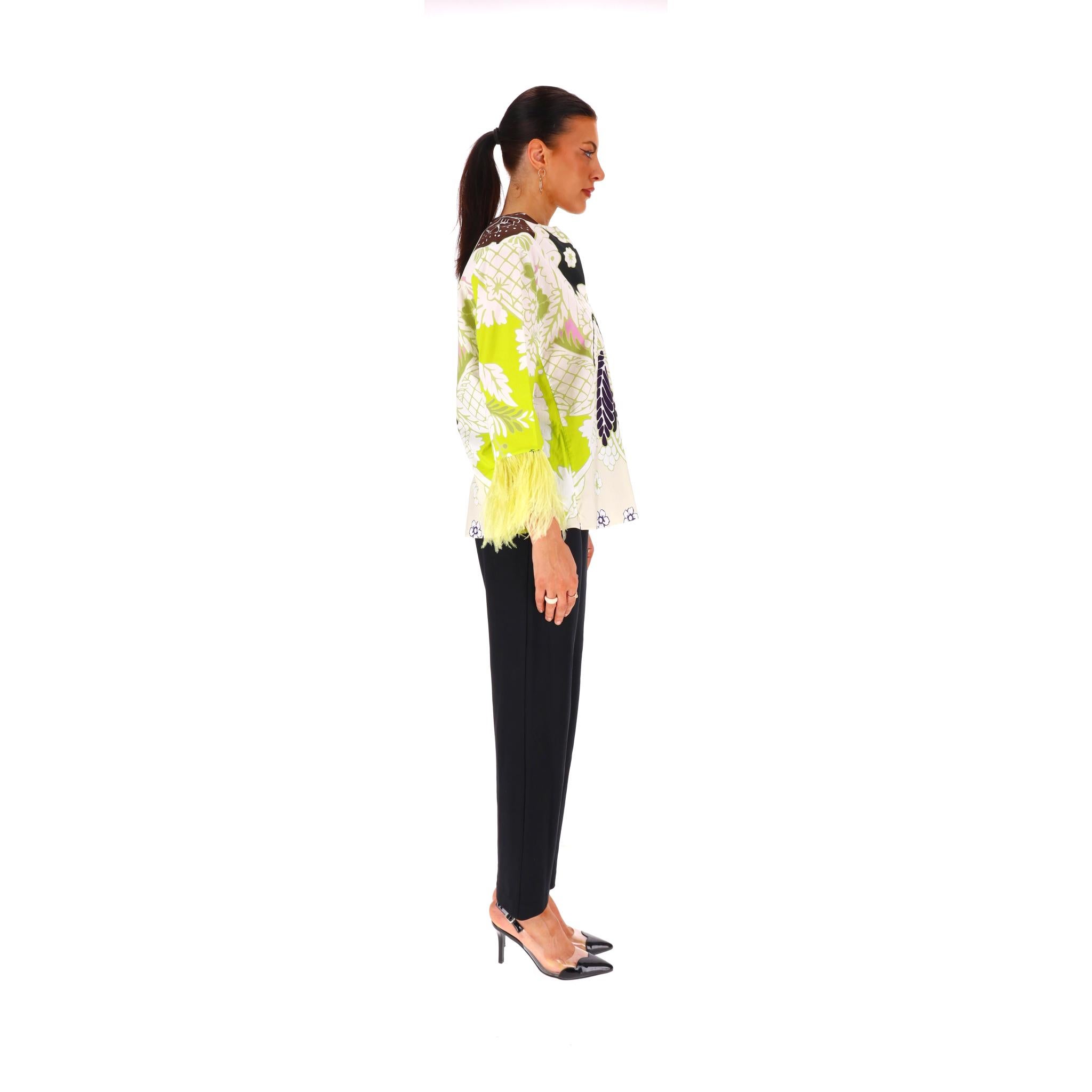 White Valentino Printed Cotton Top With Feather Trimmed Sleeves For Sale