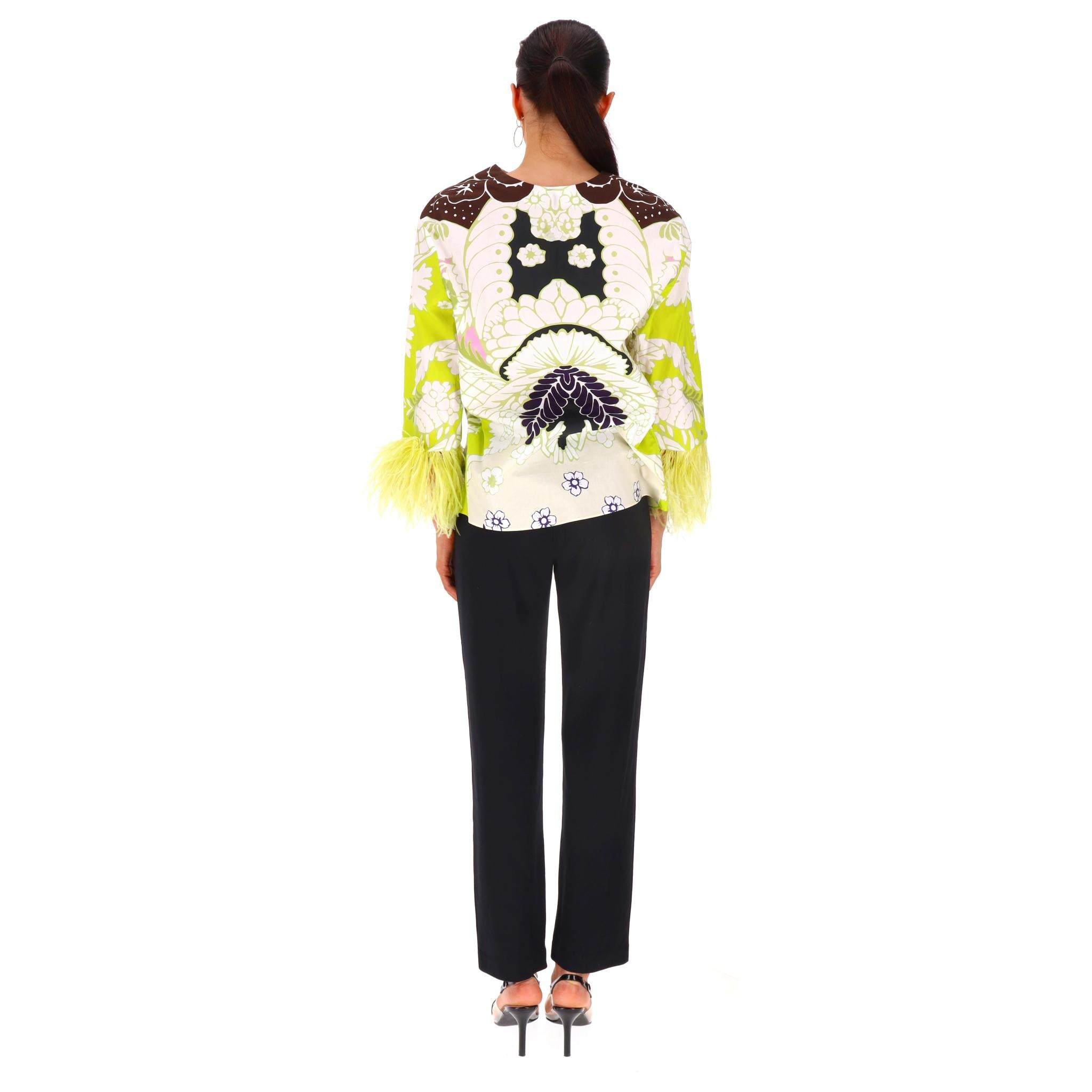 Valentino Printed Cotton Top With Feather Trimmed Sleeves In Excellent Condition For Sale In London, GB