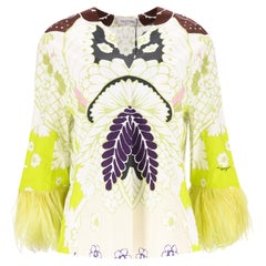 Valentino Printed Cotton Top With Feather Trimmed Sleeves
