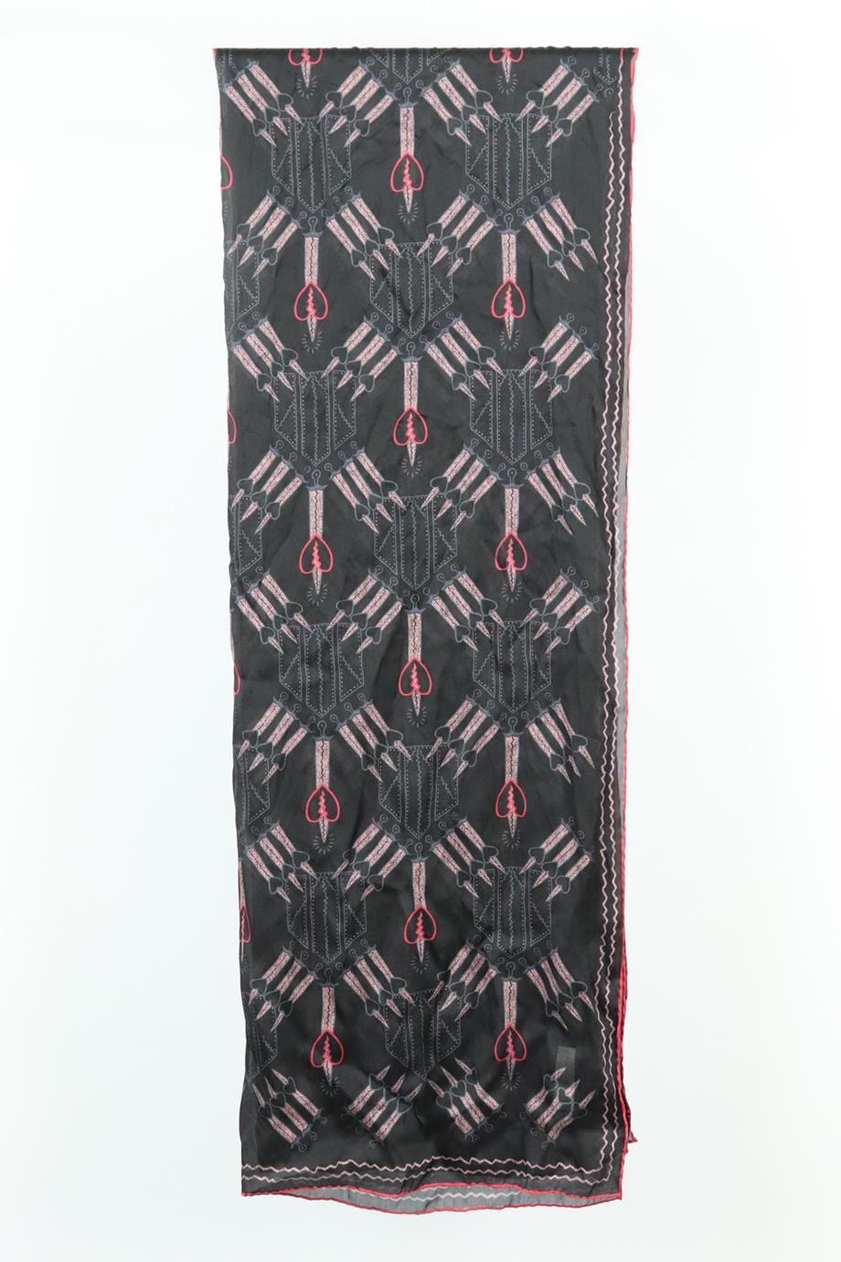 Valentino printed silk chiffon scarf. Black, grey, pink and red. 100% Silk. Does not come with dustbag or box. Length: 68.5 in. Width: 25 in. Very good condition - Light signs of wear; see pictures.