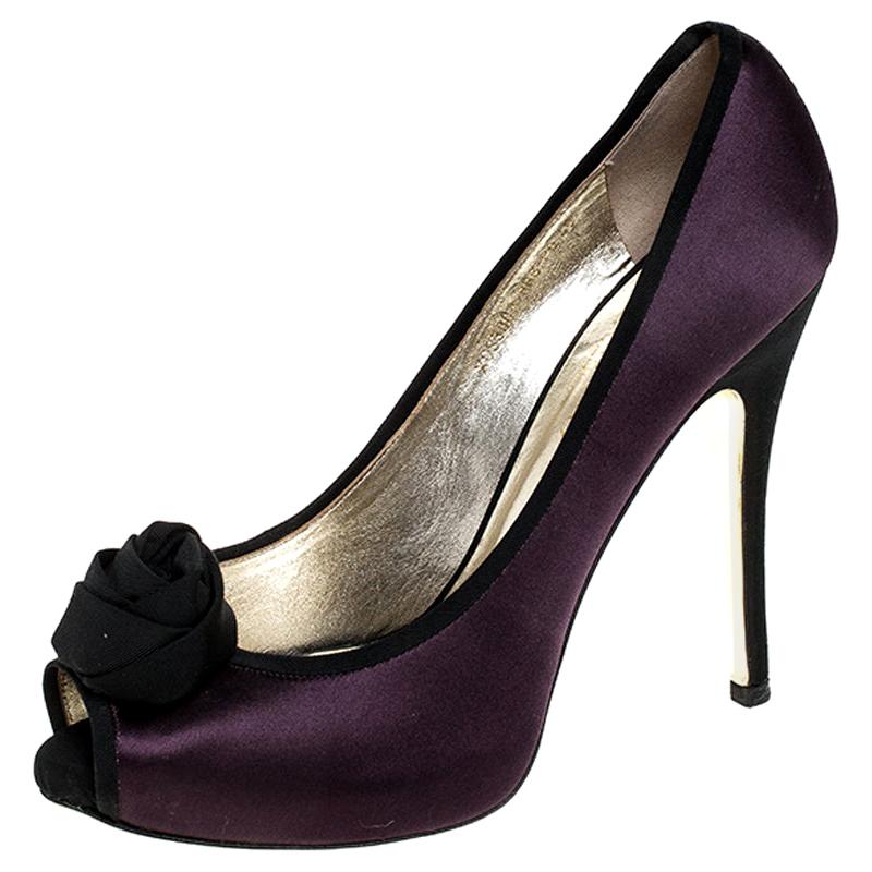 Valentino Purple/Black Two Tone Satin Rosette Peep Toe Platform Pumps Size 40 For Sale