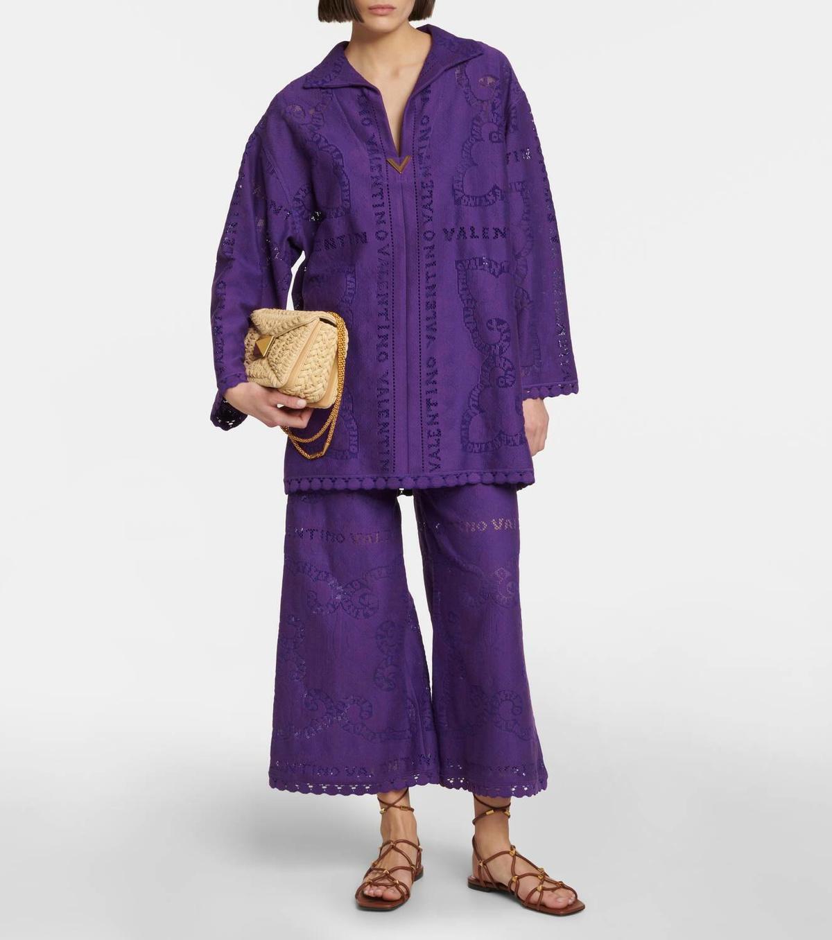 VALENTINO purple cotton 2023 EMBROIDERED WIDE CULOTTES Pants XS For Sale 1