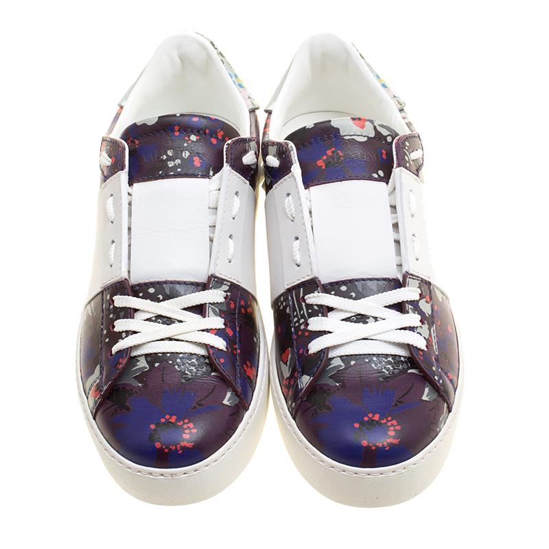 Beige Valentino Purple Floral Printed Leather Open Sneakers Size 38