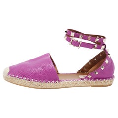 Valentino Purple Leather Rockstud Ankle Strap Espadrille Flats Size 38