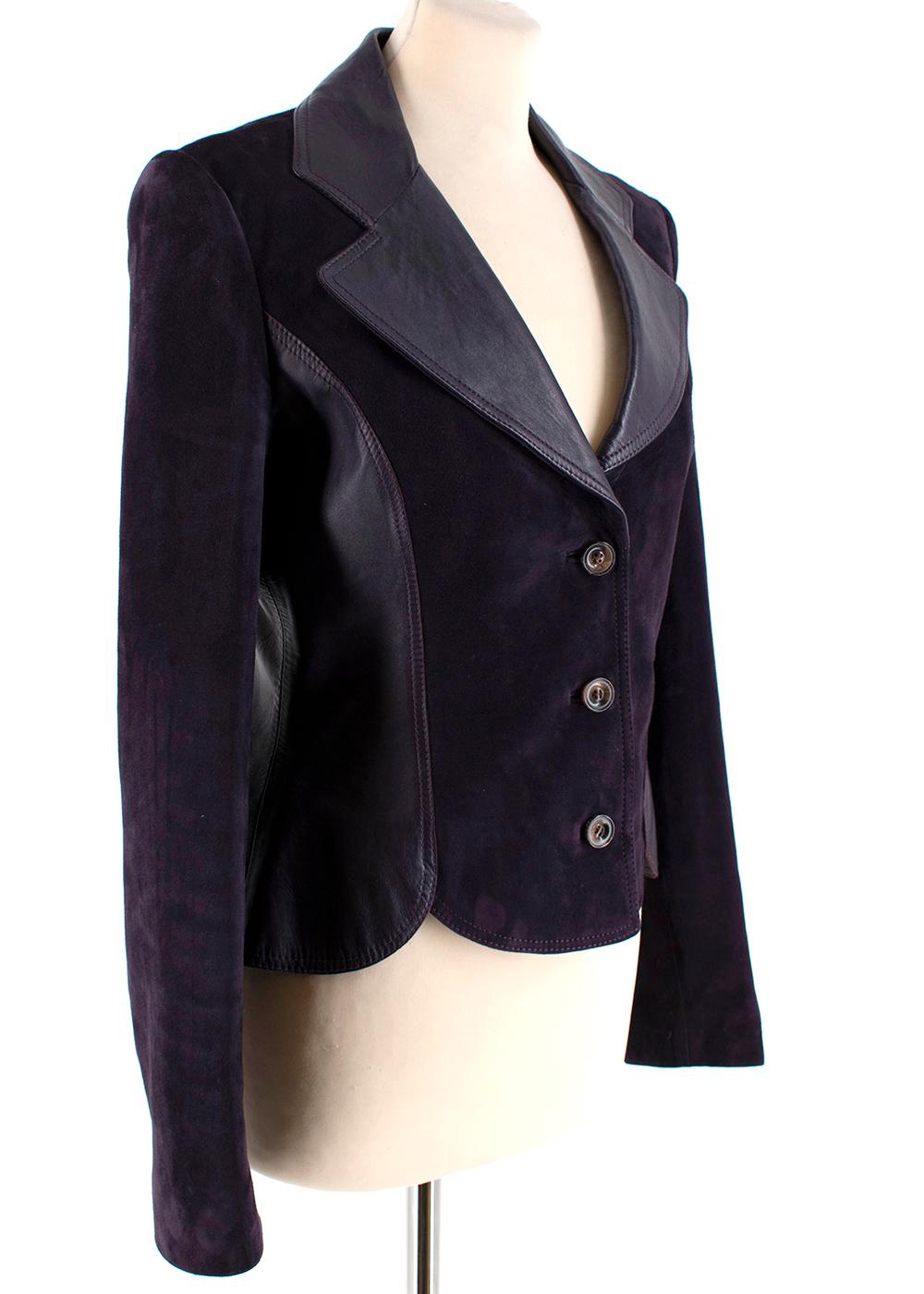 Valentino Purple Leather and Suede Jacket 

- Three Button Front Fastening 
- Relaxed Leather Collar 
- Leather Side Panel
- Single Breasted
- Curved Hemline
- Fully Lines 

Material:
- Lambskin
- 100% Bemberg Lining 
- Fitted

Made in Italy