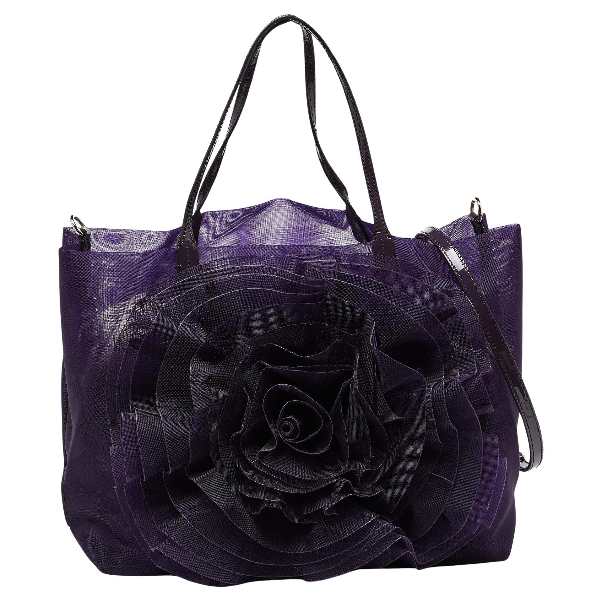 Valentino Purple Mesh and Patent Leather Petale Rose Shopper Tote