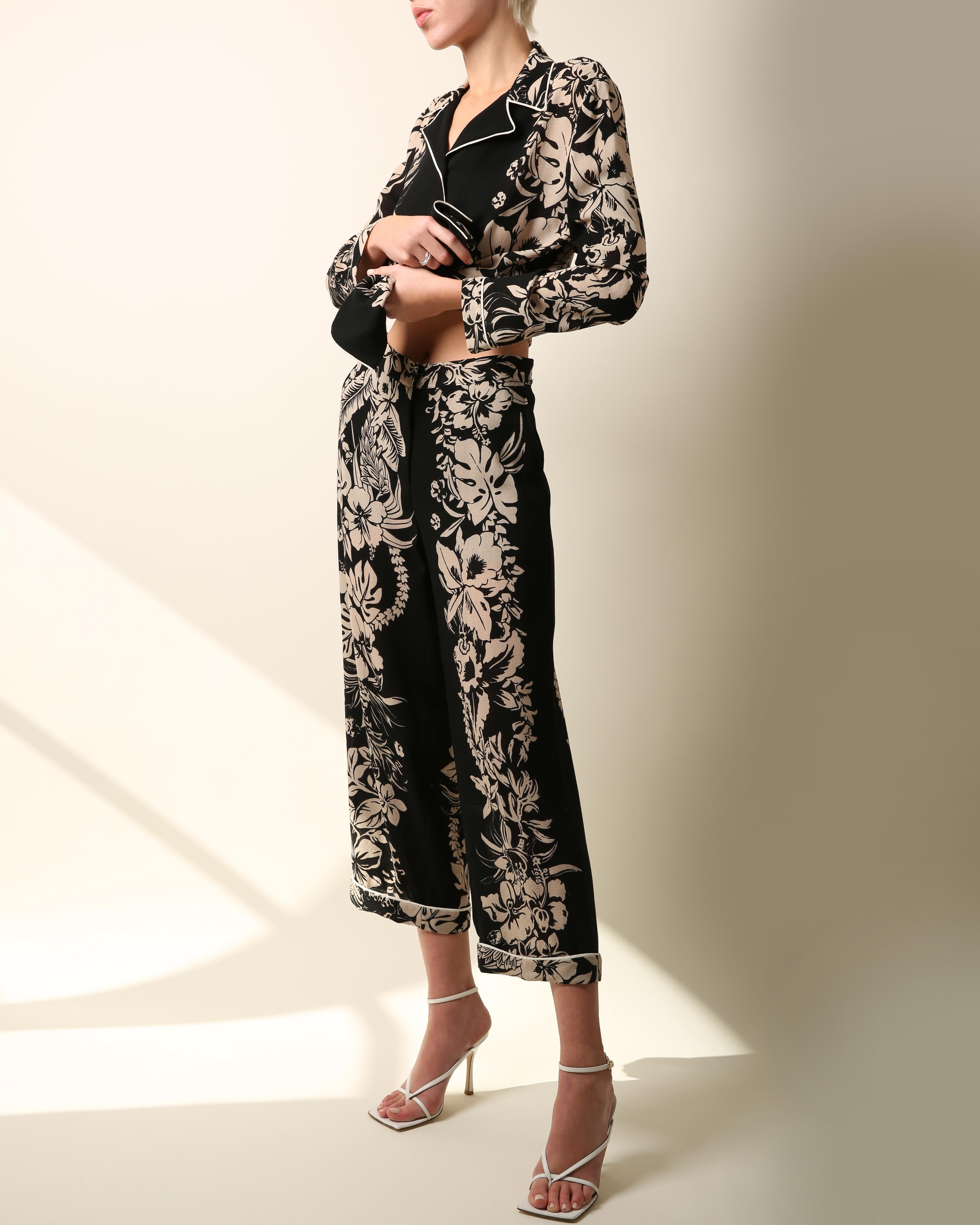 Valentino pyjama style black nude floral print blouse wide dress pants jumpsuit For Sale 5