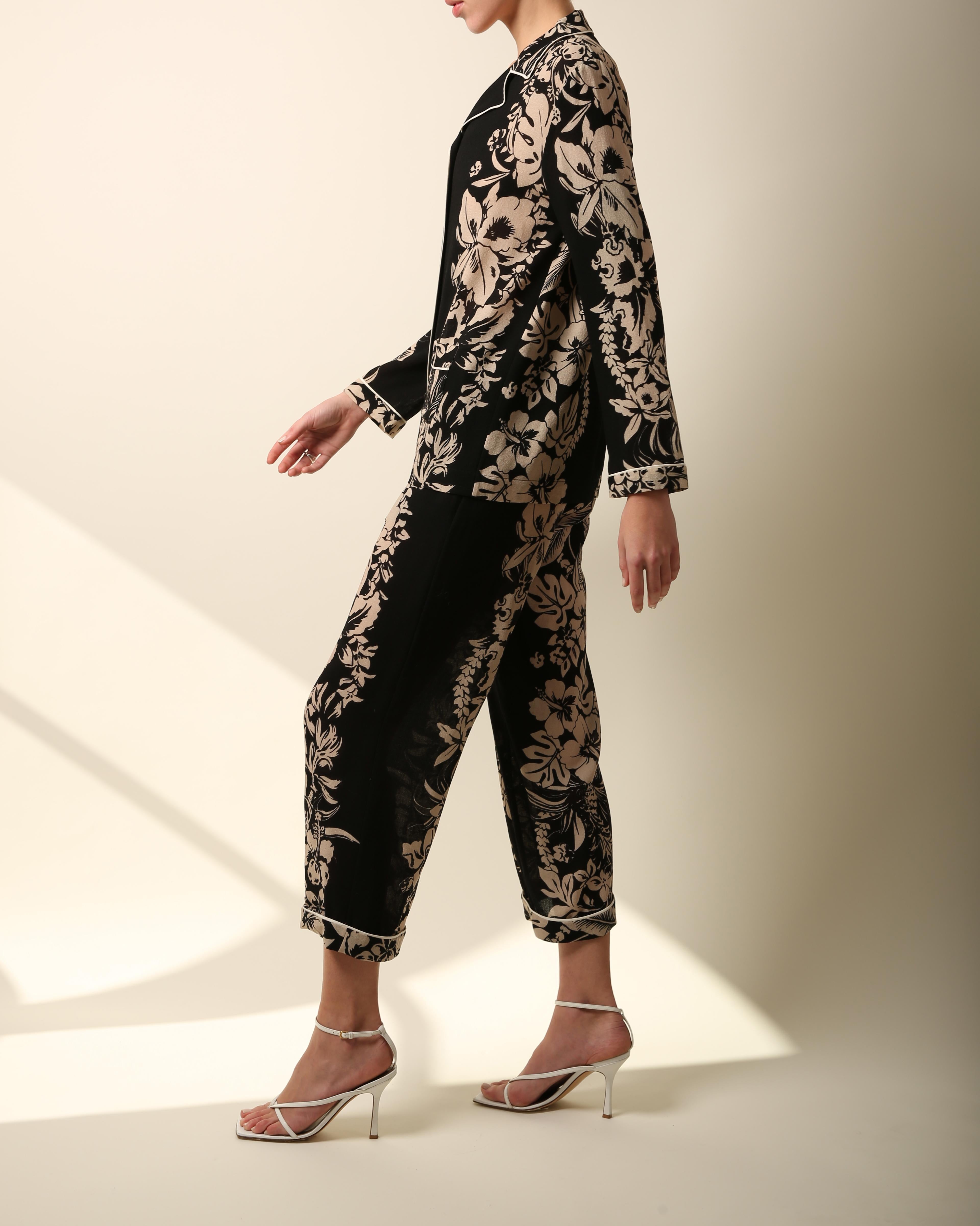 Valentino pyjama style black nude floral print blouse wide dress pants jumpsuit For Sale 8