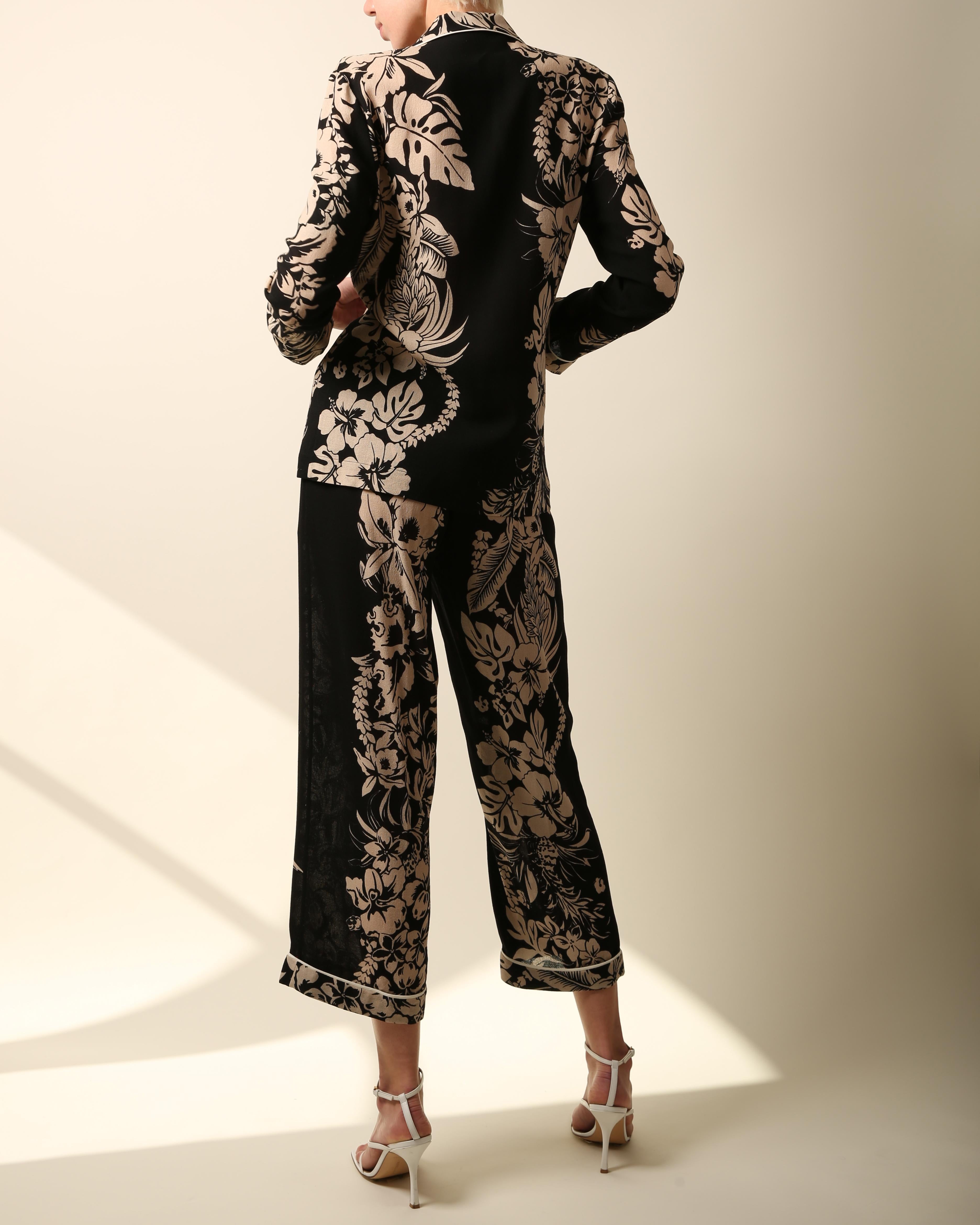 Valentino pyjama style black nude floral print blouse wide dress pants jumpsuit For Sale 9