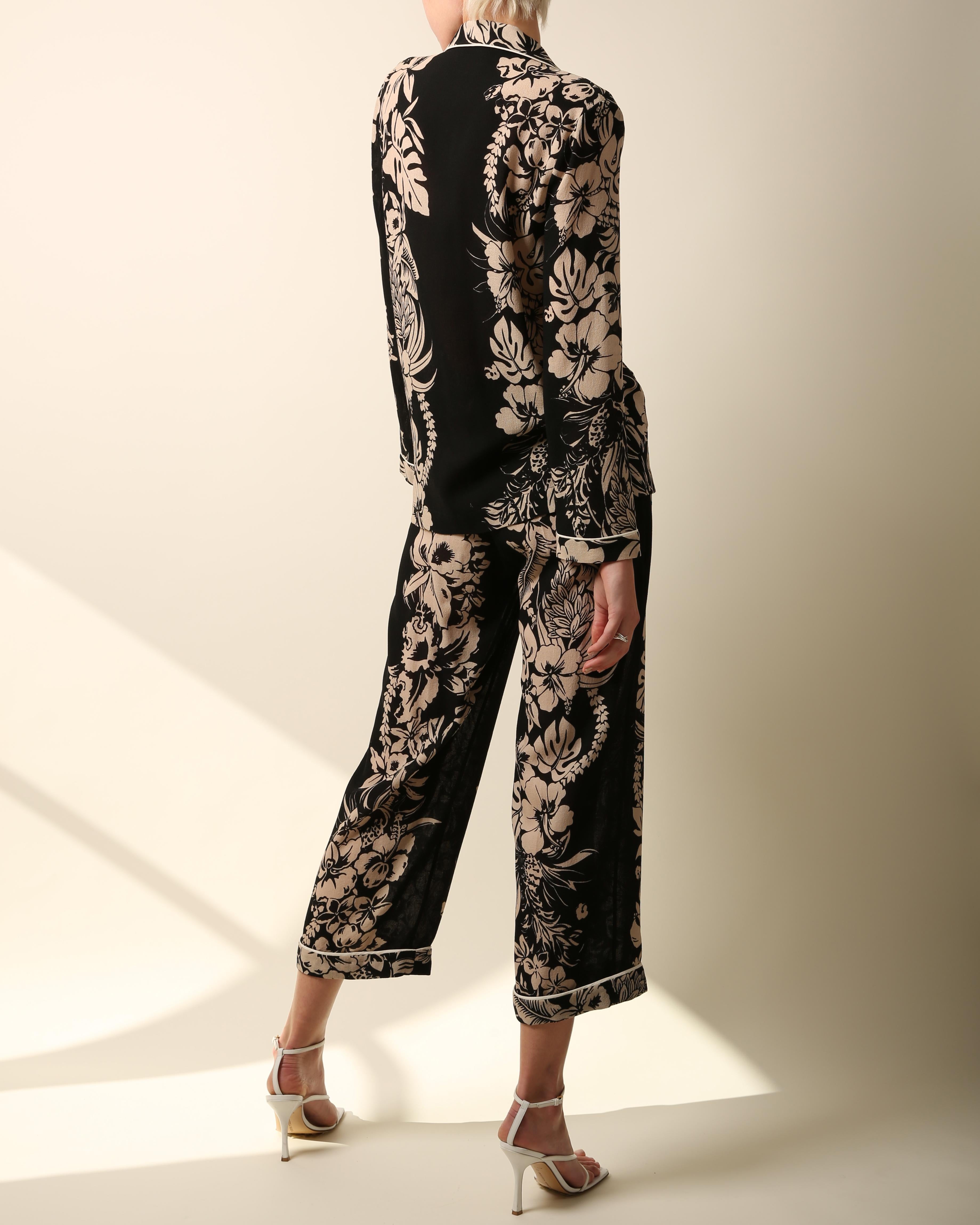 Valentino pyjama style black nude floral print blouse wide dress pants jumpsuit For Sale 9