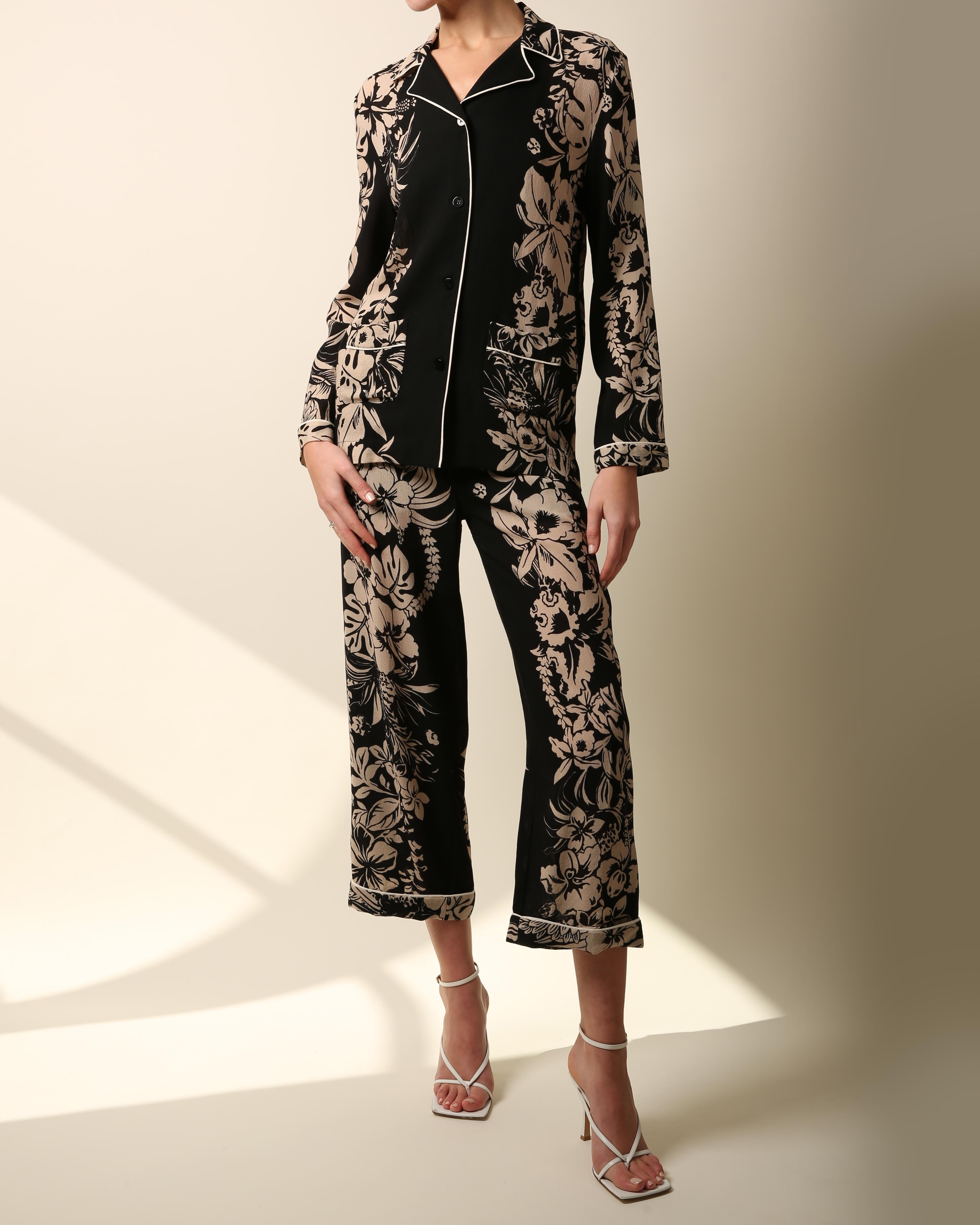Valentino pyjama style black nude floral print blouse wide dress pants jumpsuit In Excellent Condition For Sale In Paris, FR