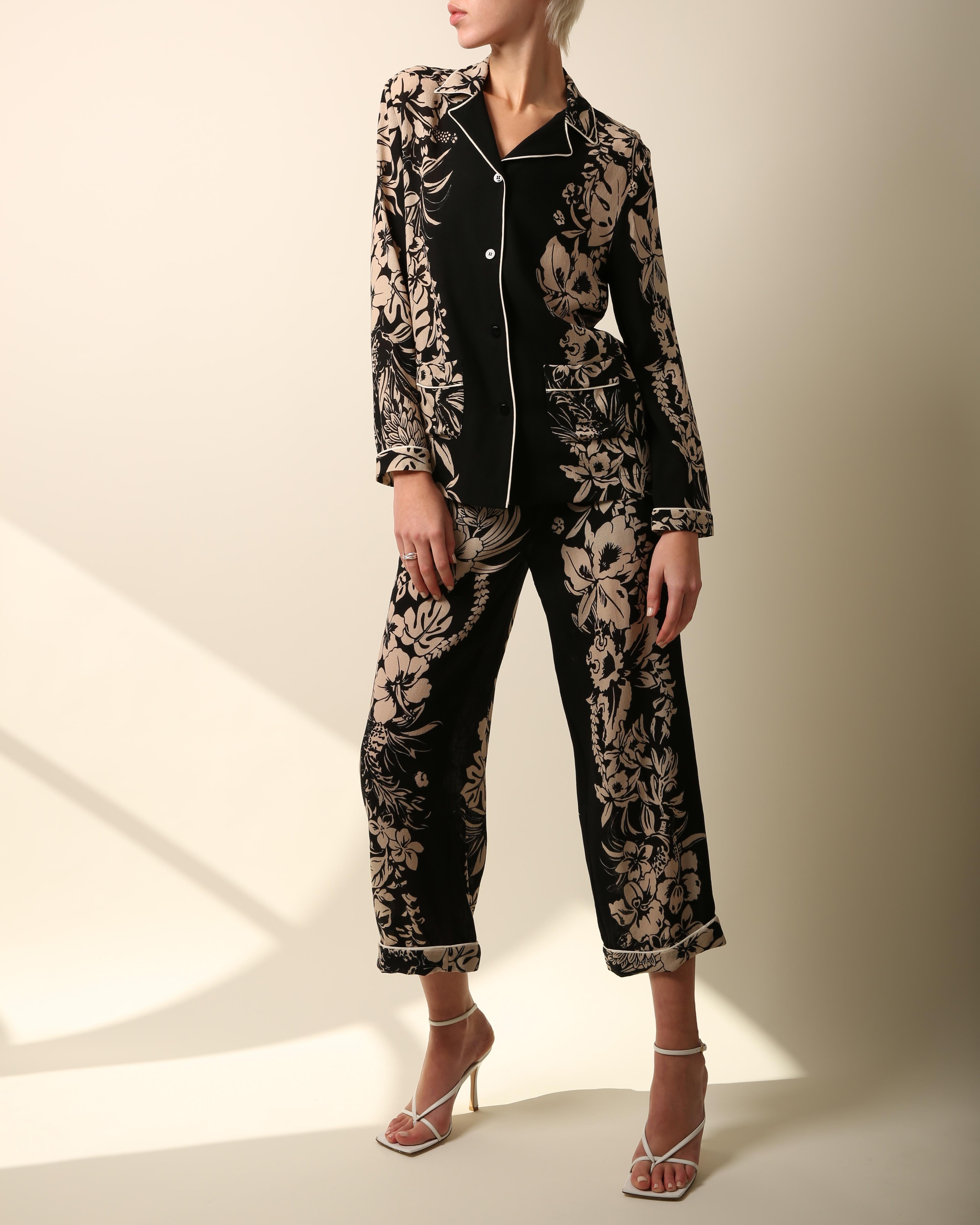 Women's Valentino pyjama style black nude floral print blouse wide dress pants jumpsuit For Sale