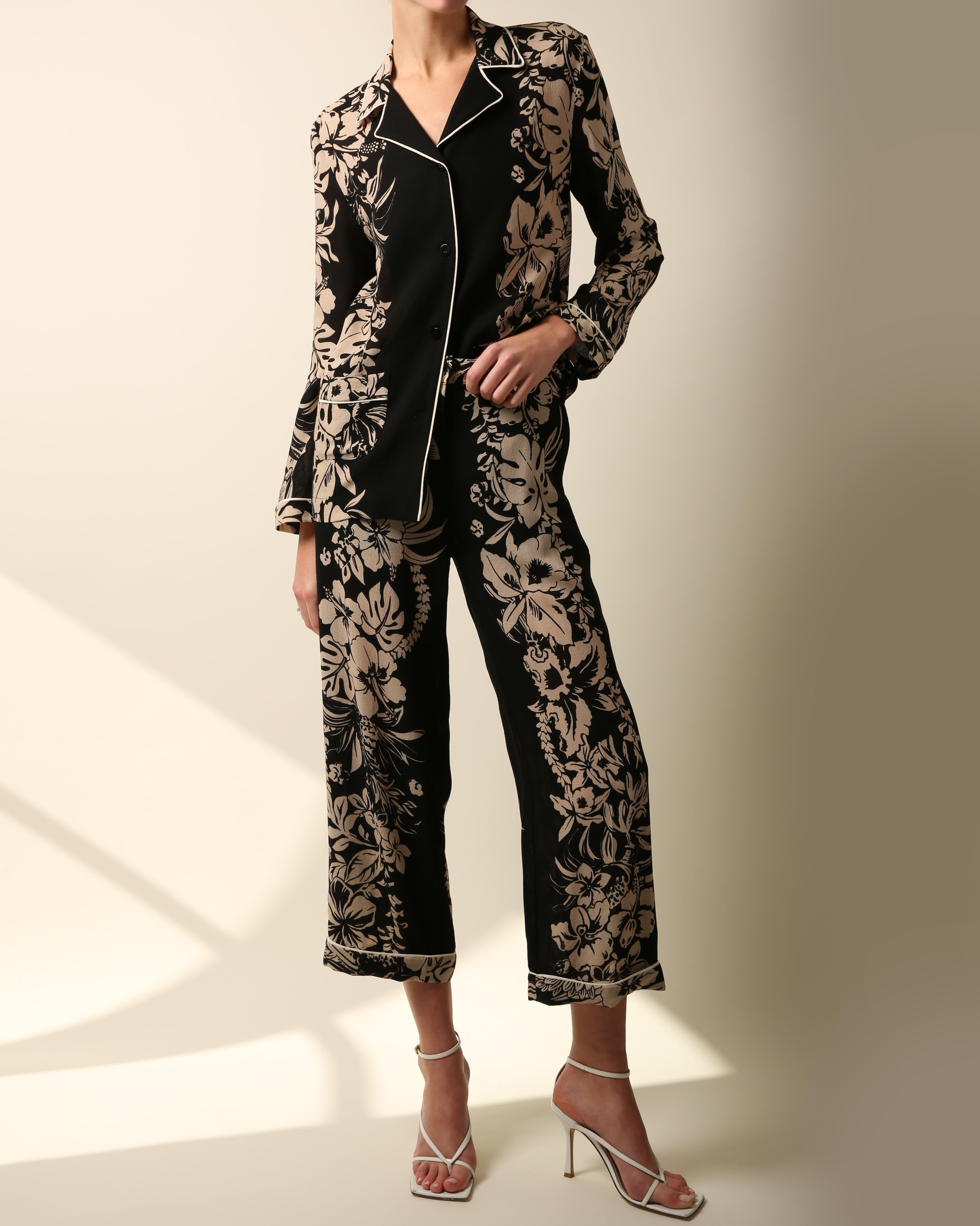Women's Valentino pyjama style black nude floral print blouse wide dress pants jumpsuit For Sale