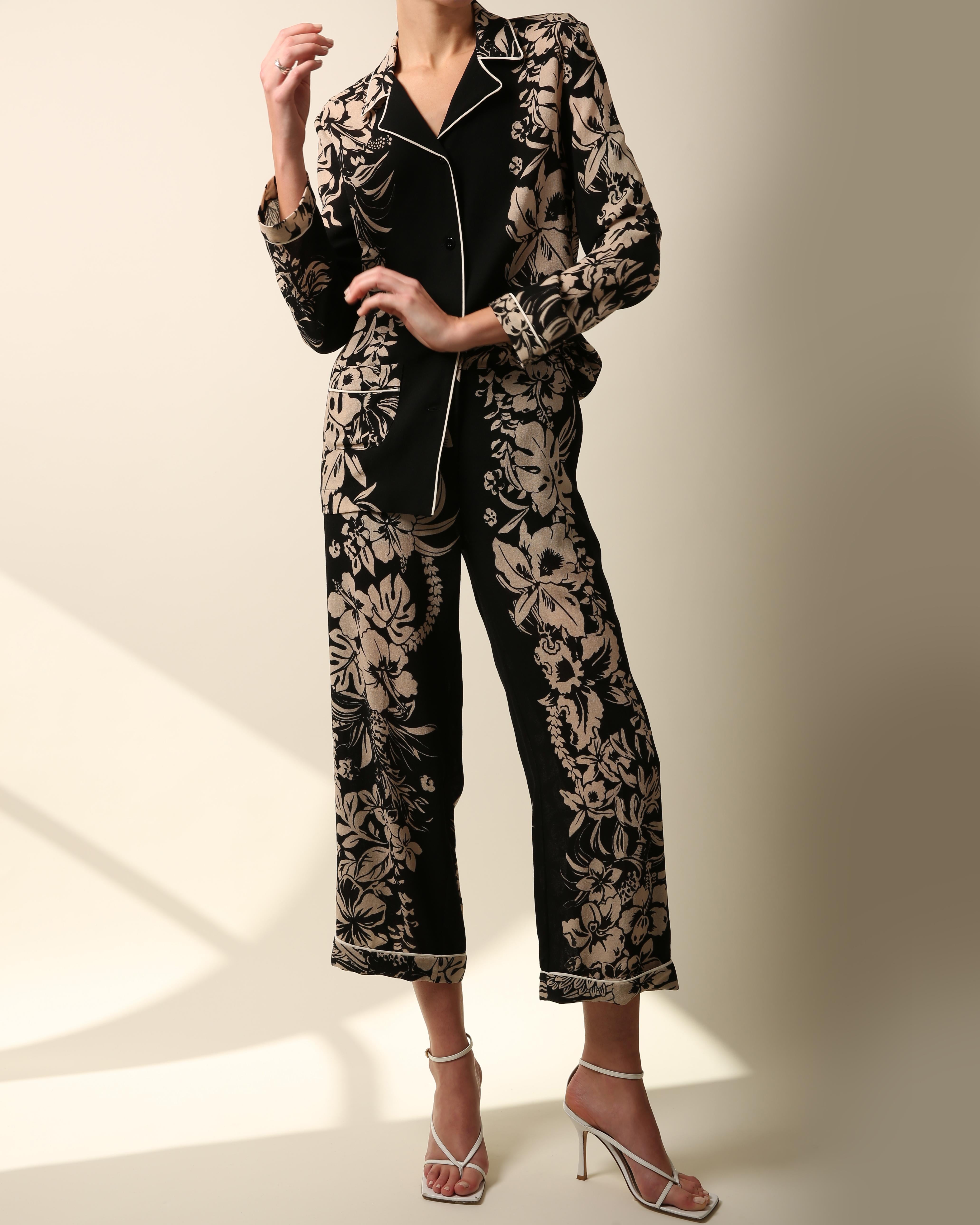 Valentino pyjama style black nude floral print blouse wide dress pants jumpsuit For Sale 2