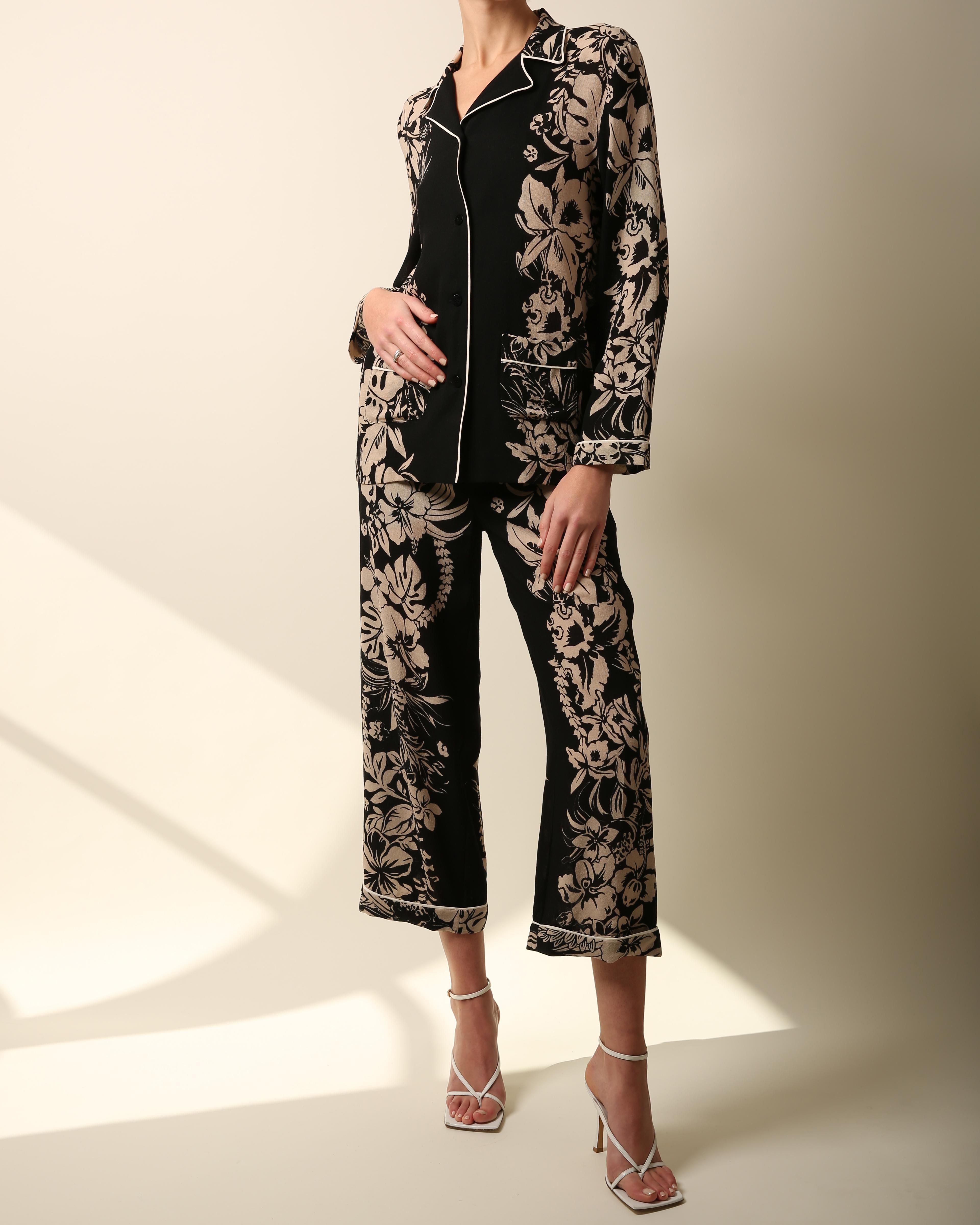 Valentino pyjama style black nude floral print blouse wide dress pants jumpsuit For Sale 3