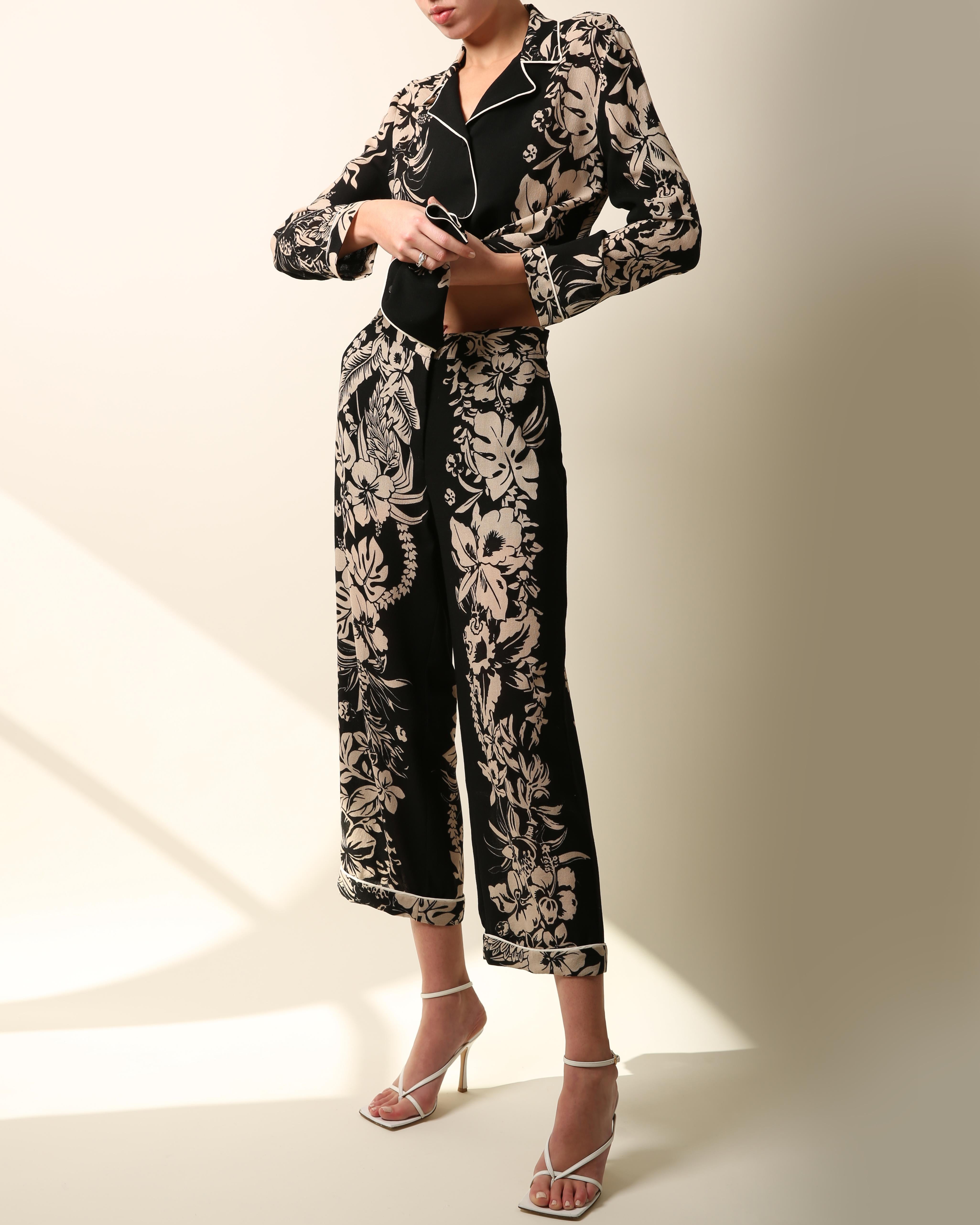 Valentino pyjama style black nude floral print blouse wide dress pants jumpsuit For Sale 4