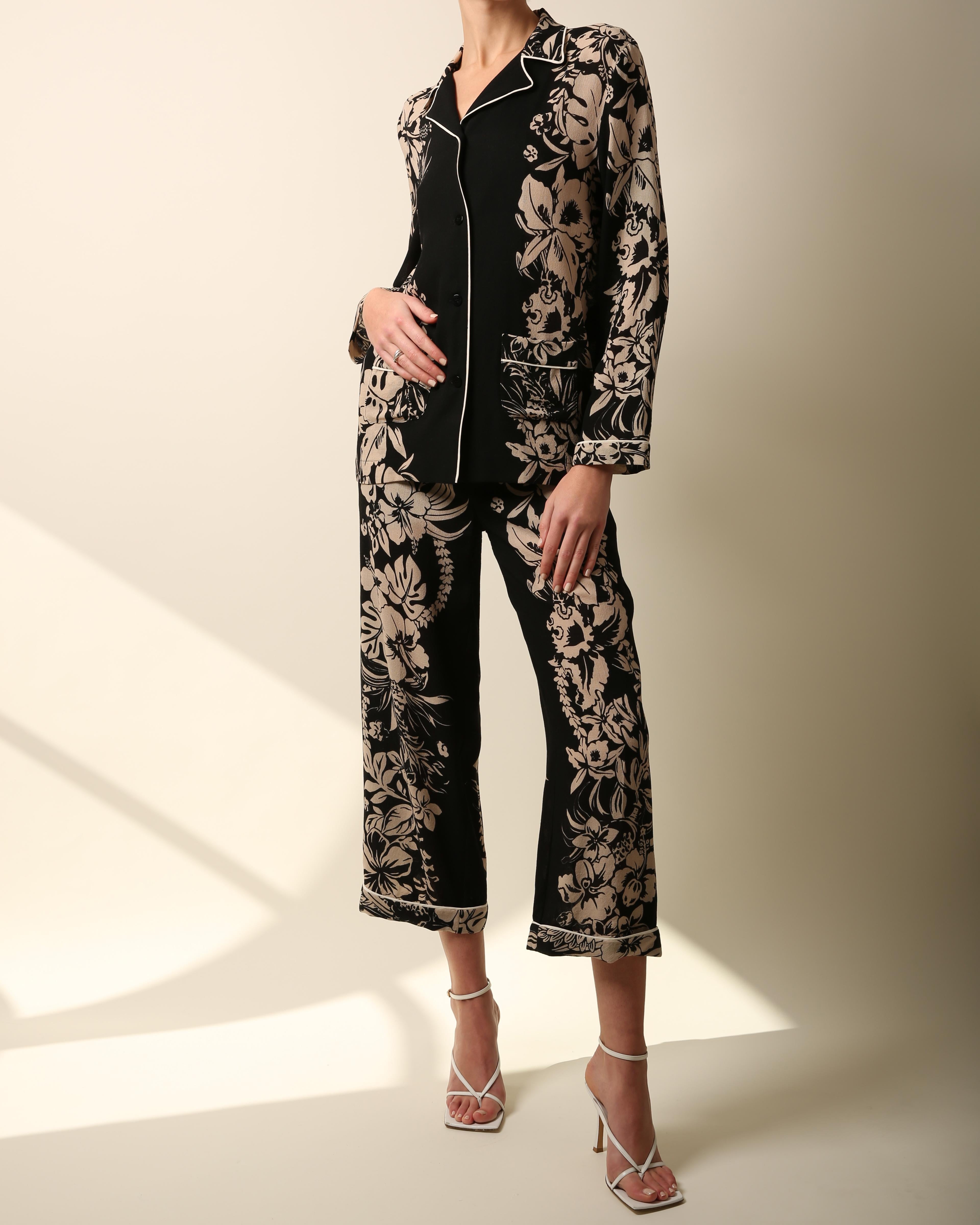 Women's Valentino pyjama style black nude floral print blouse wide dress pants jumpsuit
