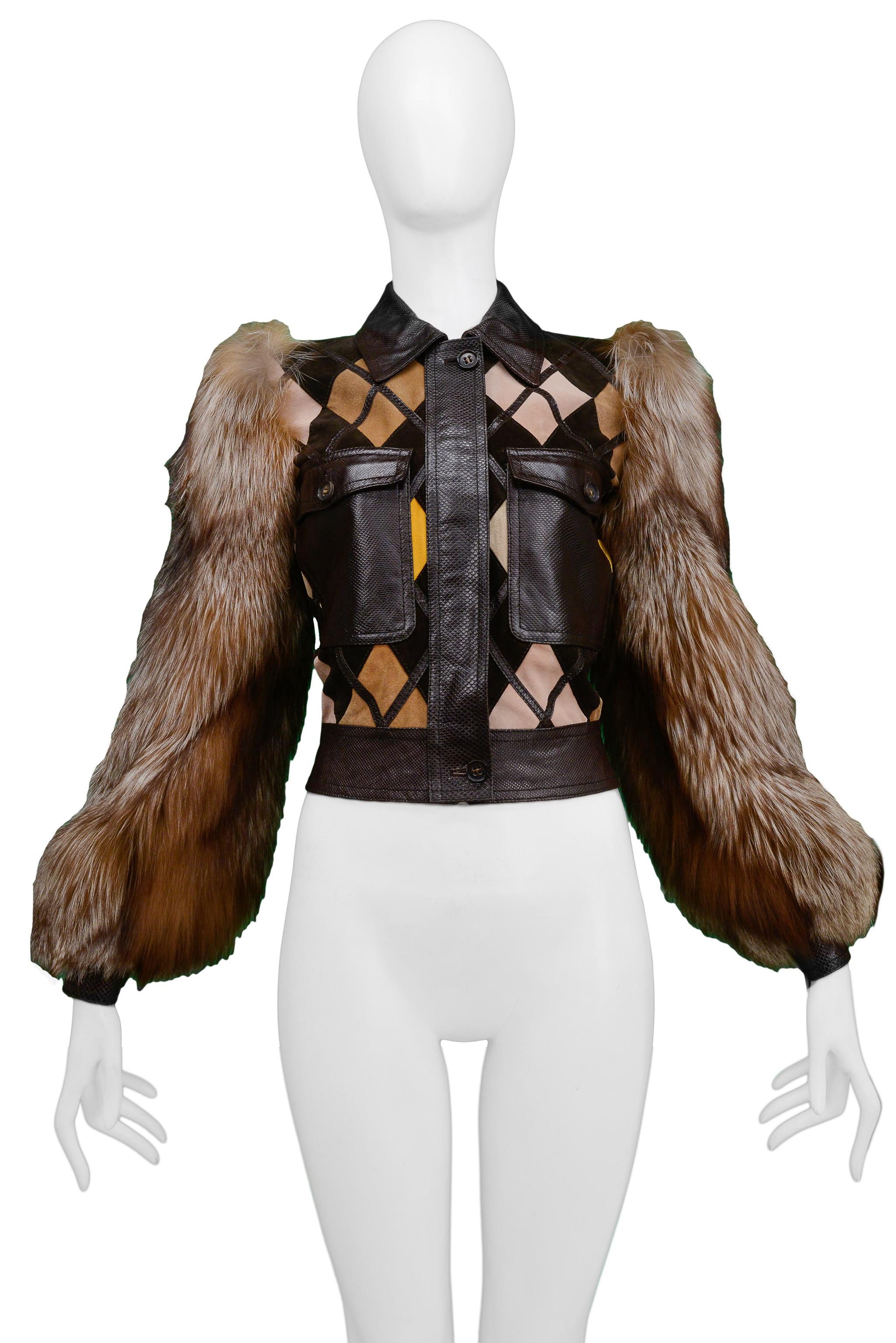 Resurrection Vintage is excited to offer a rare vintage Valentino leather and fur jacket featuring dark brown python texture panels and trim, multicolor diamond leather panels, a folding collar, button front pockets, button placket, full fur