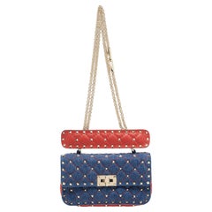 Valentino Quilted Denim and Leather Small Rockstud Spike Chain Shoulder Bag