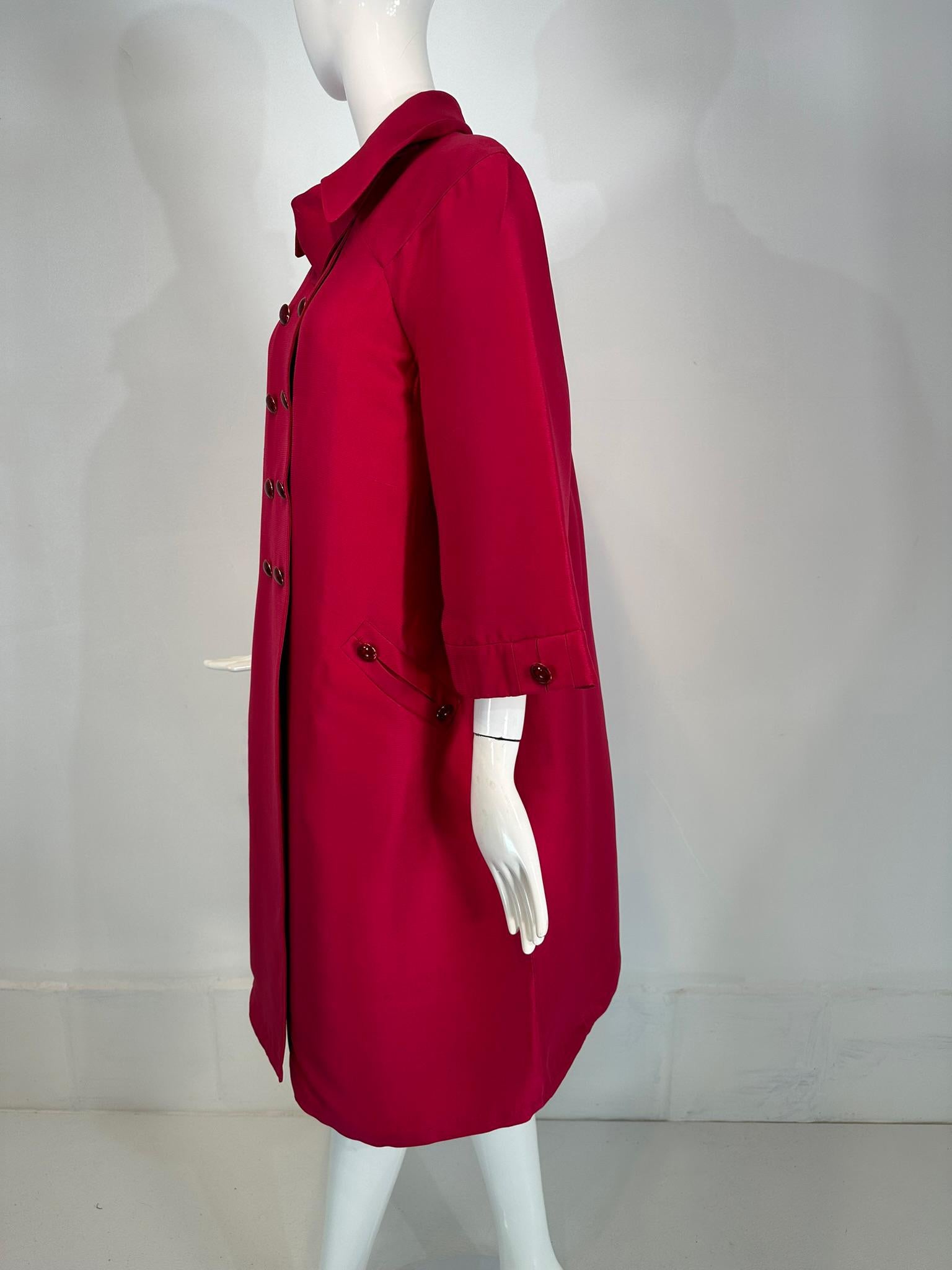Valentino Raspberry Red Silk Double Breasted Inverted Pleat Back Evening Coat For Sale 6