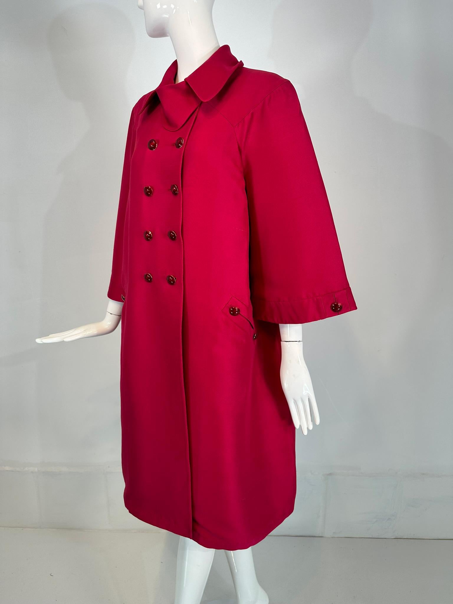 Valentino Raspberry Red Silk Double Breasted Inverted Pleat Back Evening Coat For Sale 7