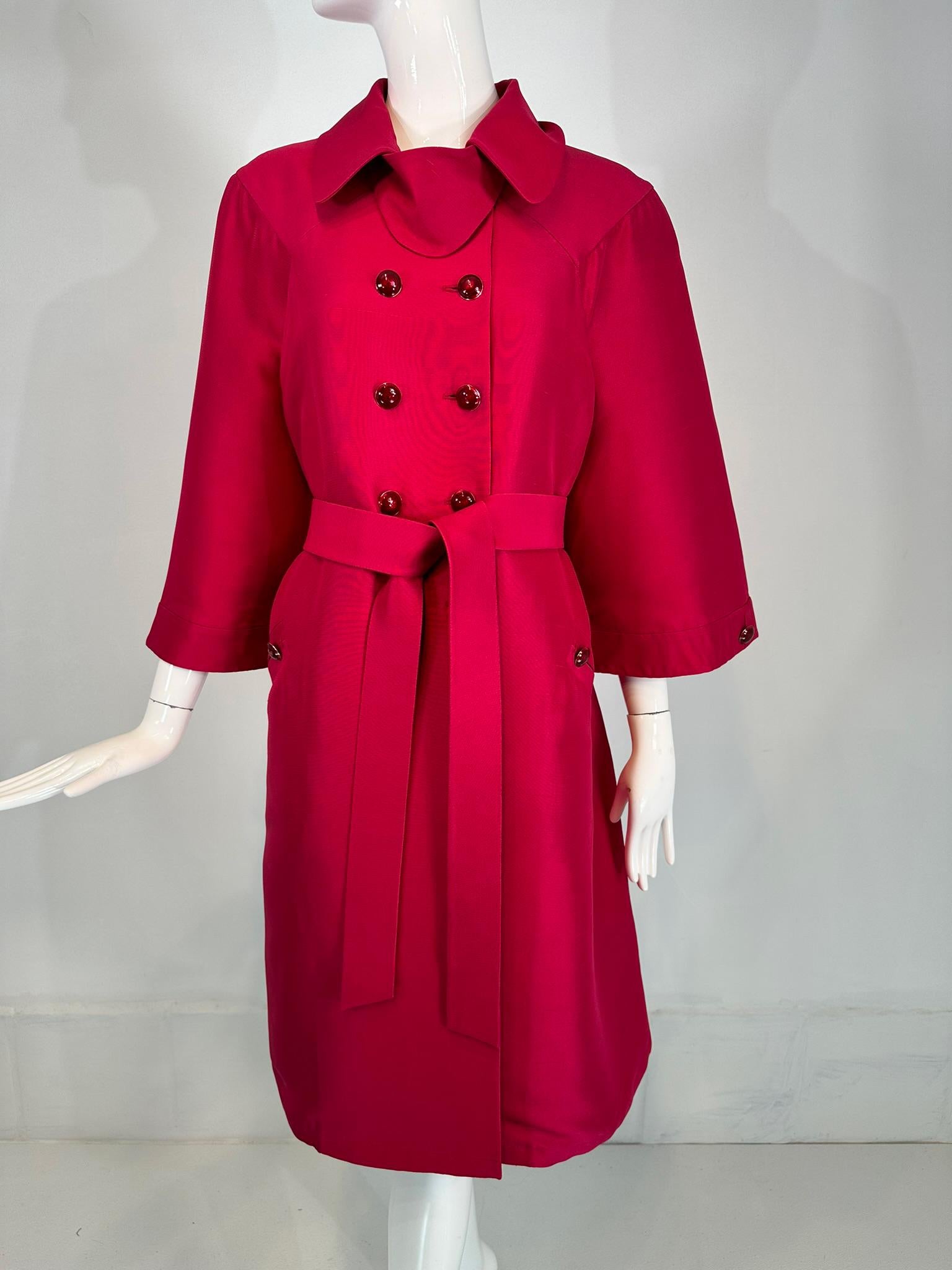 Valentino Raspberry Red Silk Double Breasted Inverted Pleat Back Evening Coat For Sale 8