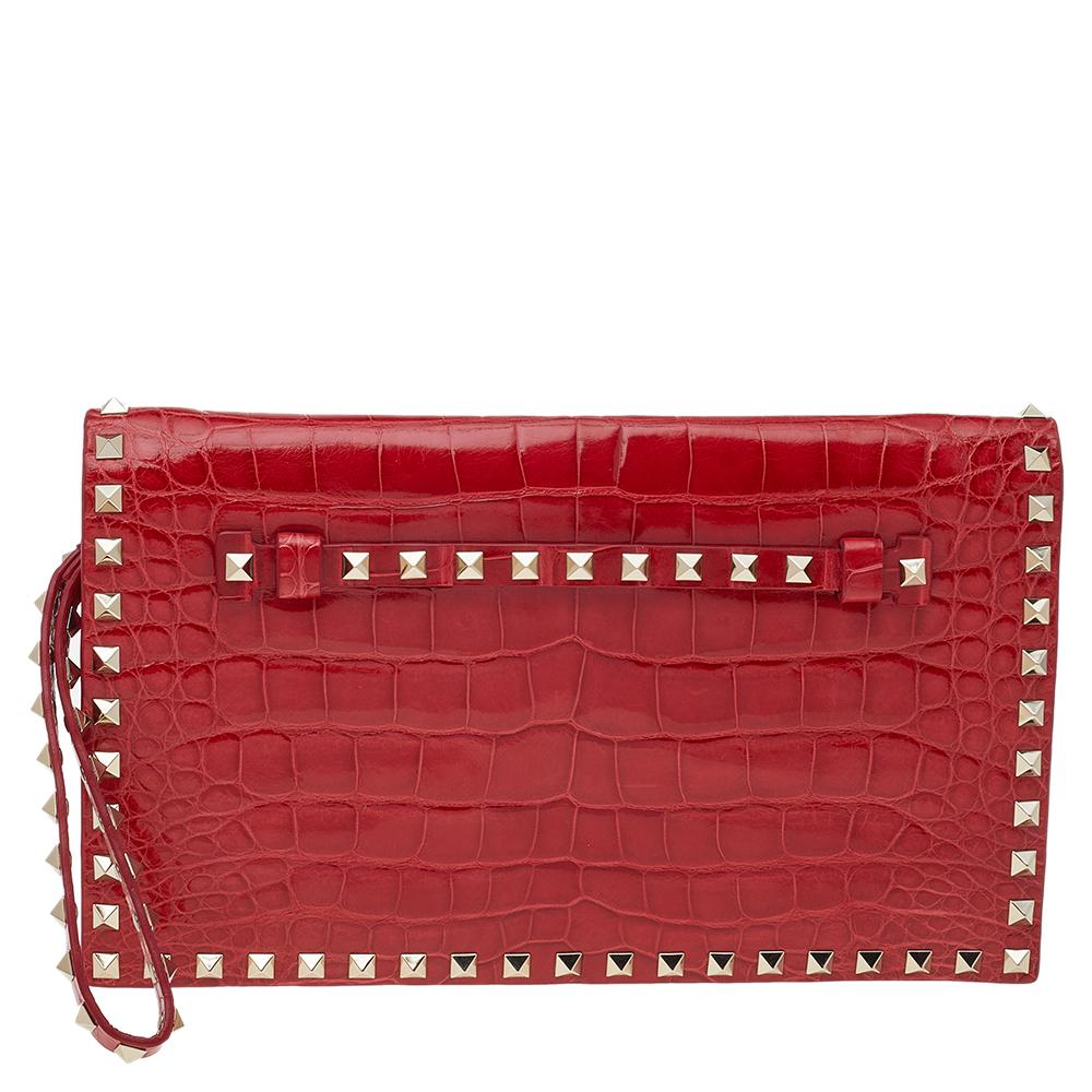 Women's Valentino Red Alligator Rockstud Wristlet Clutch