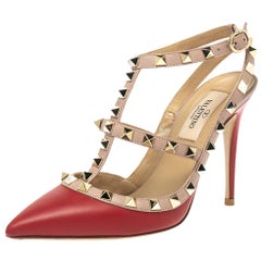 Valentino Red/Beige Leather Rockstud Ankle Strap Caged Sandals Size 35