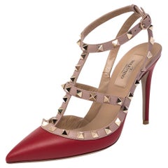 Valentino Red/Beige Leather Rockstud Ankle Strap Sandals Size 37
