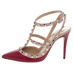 Valentino Red/Beige Leather Rockstud Ankle Strap Sandals Size 38