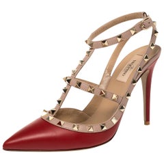 Valentino Red/Beige Leather Rockstud Ankle Strap Sandals Size 40