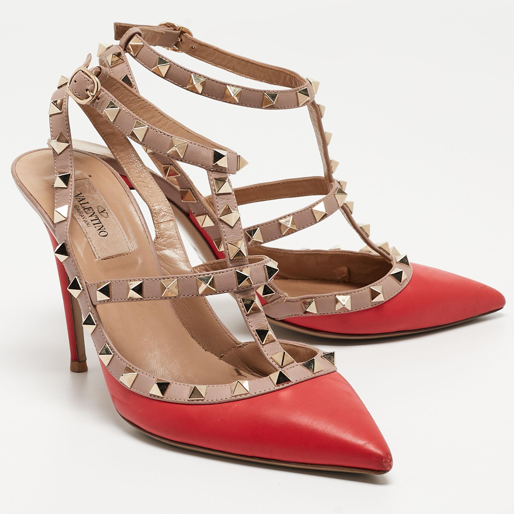 Women's Valentino Red/Beige Leather Rockstud Pumps Size 38.5 For Sale