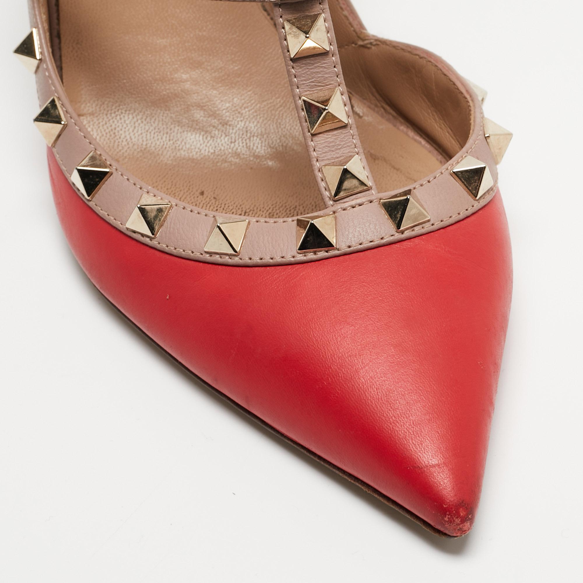 Valentino Red/Beige Leather Rockstud Pumps Size 38.5 For Sale 1