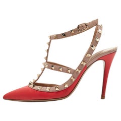 Used Valentino Red/Beige Leather Rockstud Pumps Size 38.5