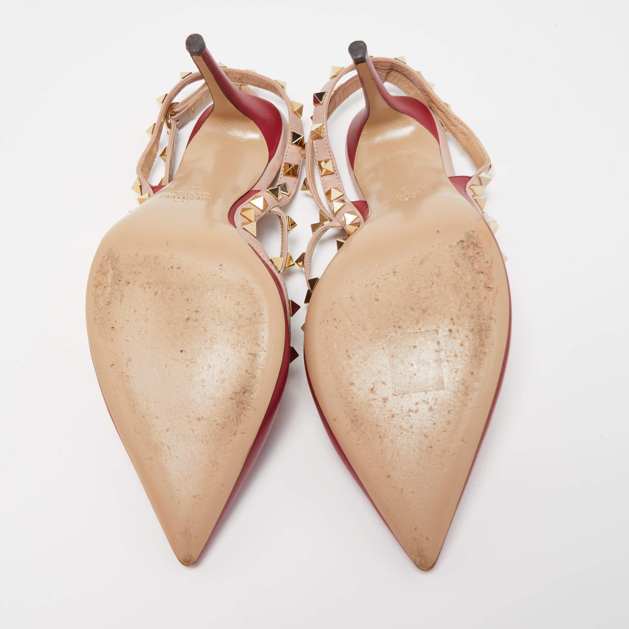 Brown Valentino Red/Beige Leather Rockstud Strappy Pointed Toe Pumps For Sale
