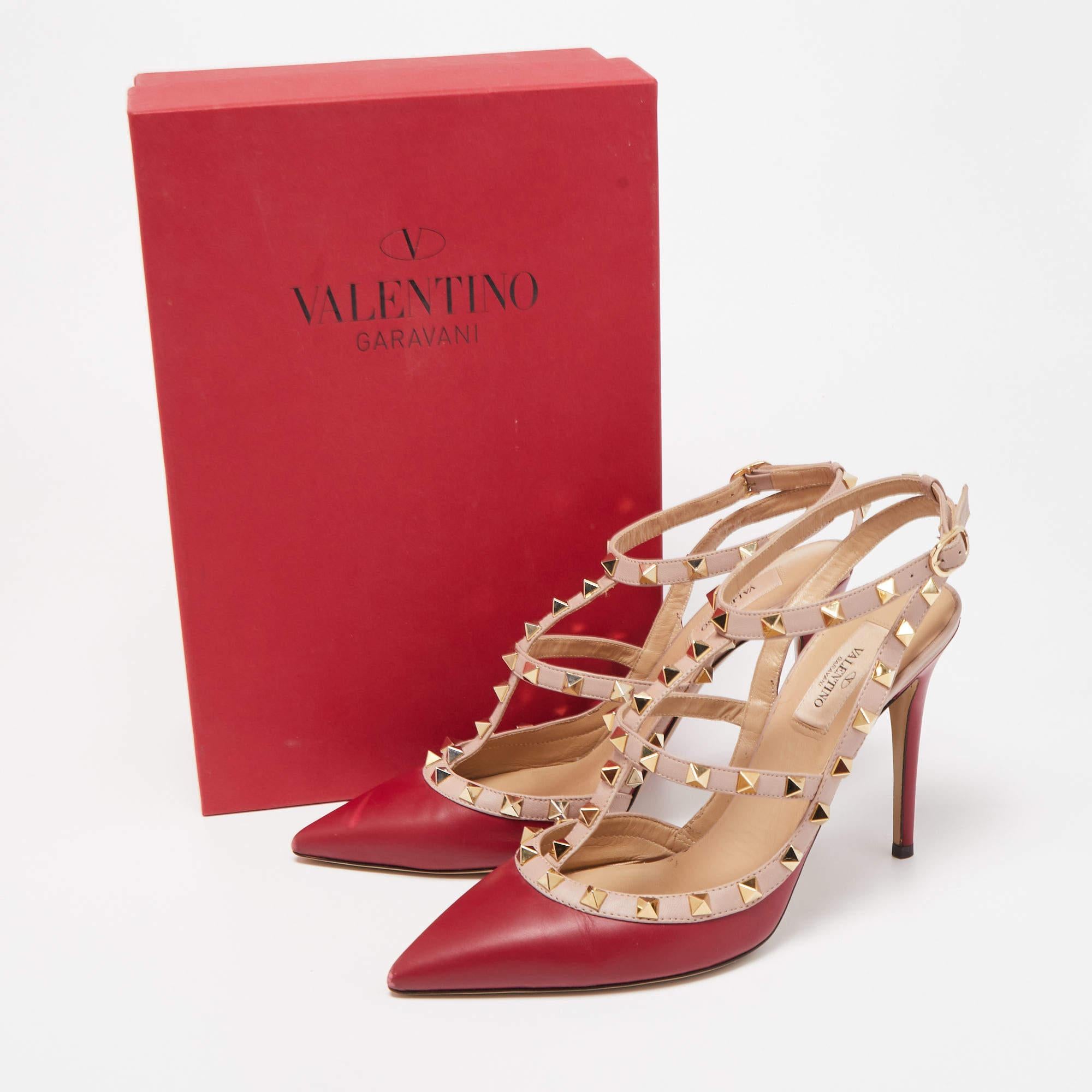 Valentino Red/Beige Leather Rockstud Strappy Pointed Toe Pumps For Sale 1