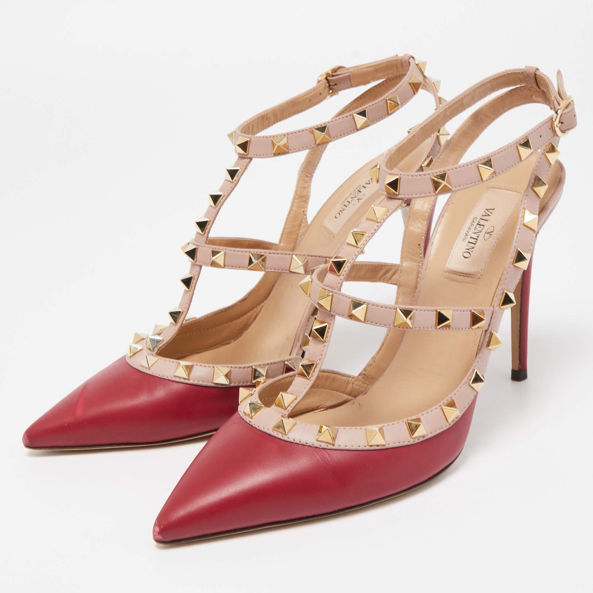 Valentino Red/Beige Leather Rockstud Strappy Pointed Toe Pumps For Sale 2
