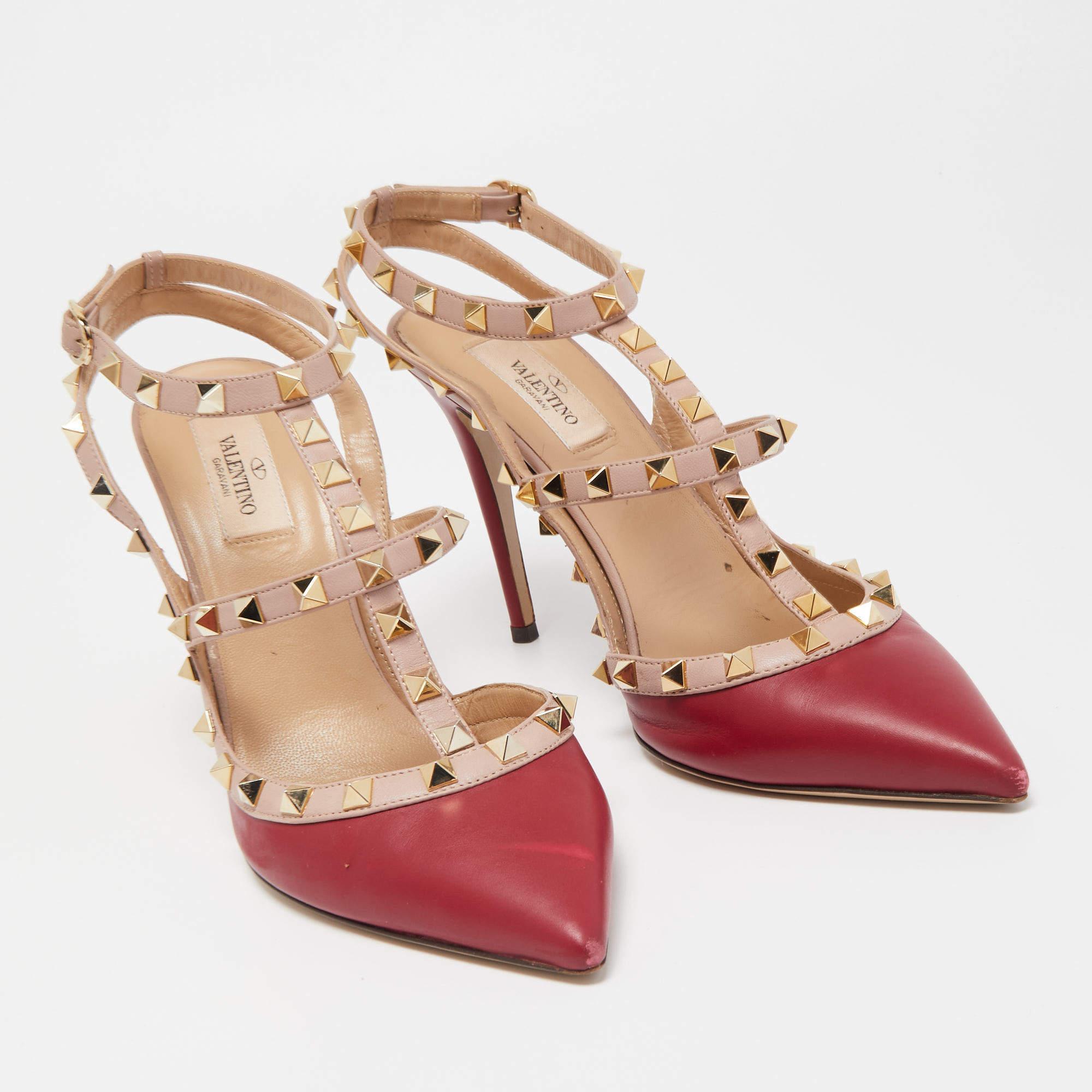 Valentino Red/Beige Leather Rockstud Strappy Pointed Toe Pumps For Sale 3