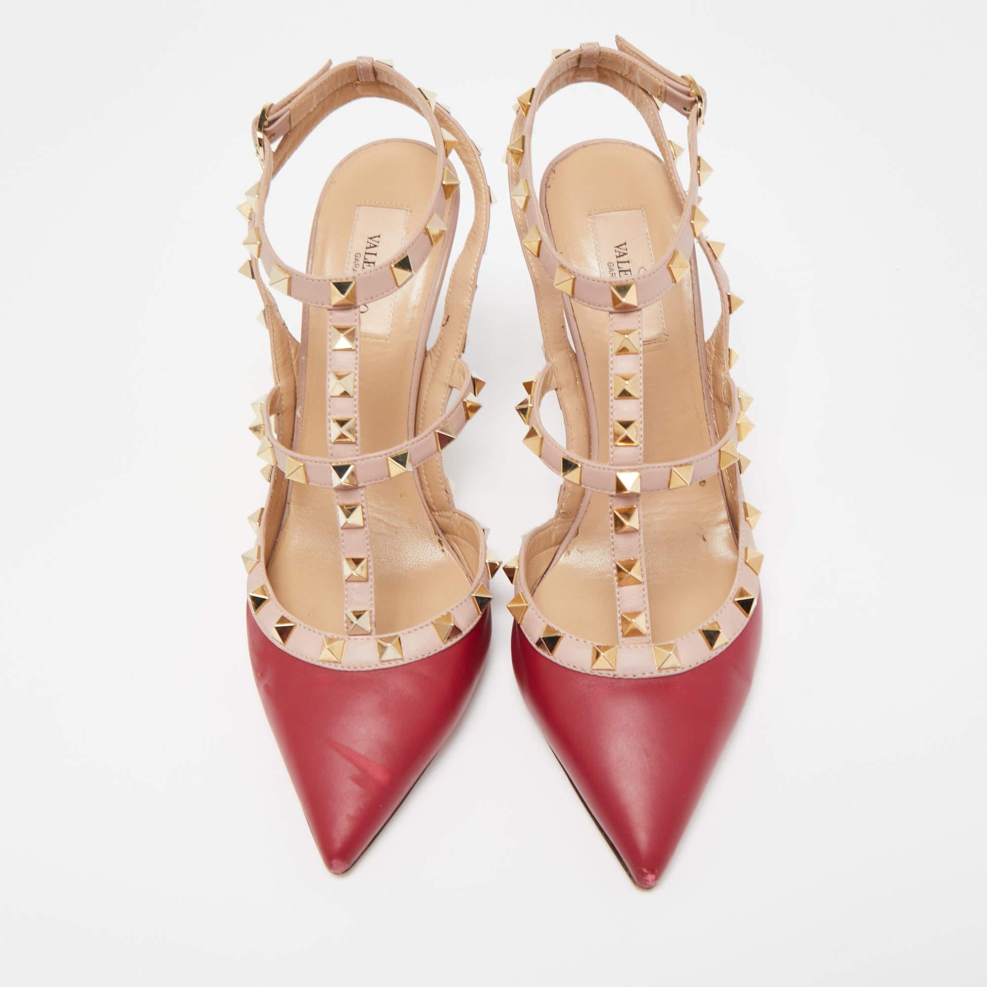 Valentino Red/Beige Leather Rockstud Strappy Pointed Toe Pumps For Sale 4