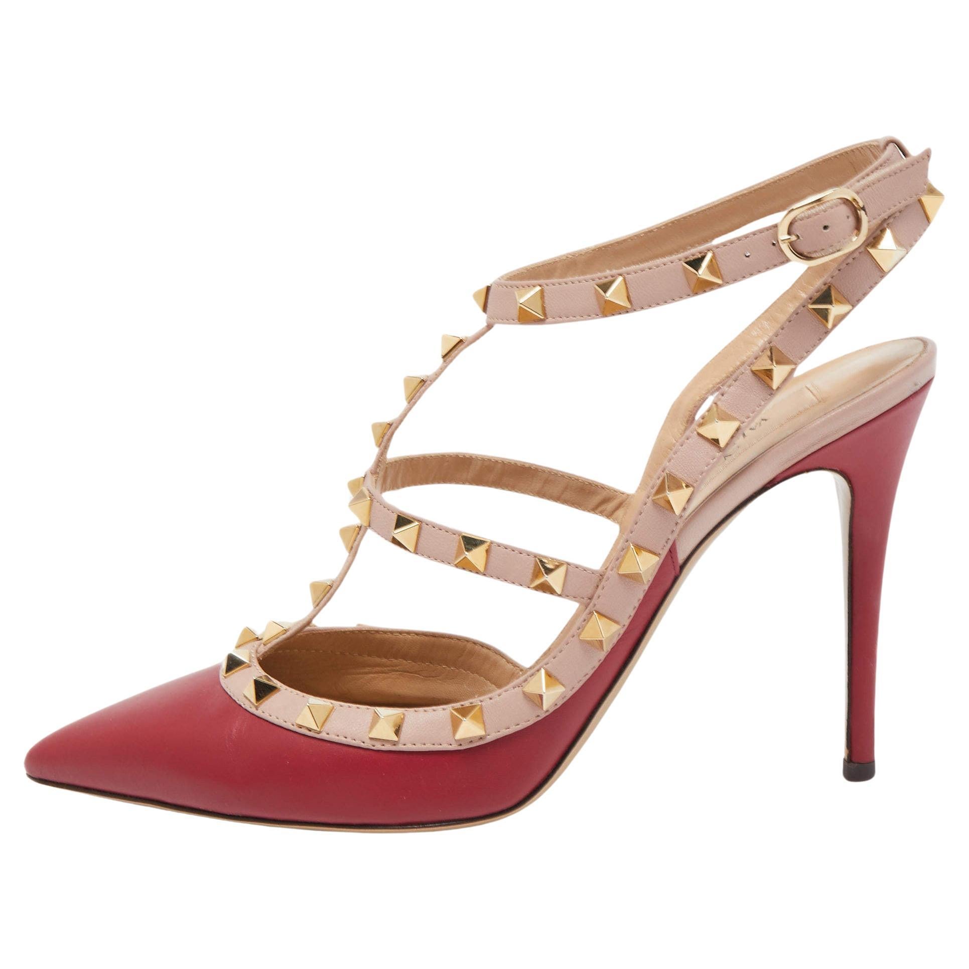 Valentino Red/Beige Leather Rockstud Strappy Pointed Toe Pumps For Sale