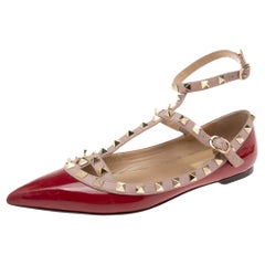 Valentino Red/Beige Paten And Leather Rockstud Caged Ballet Flats Size 38