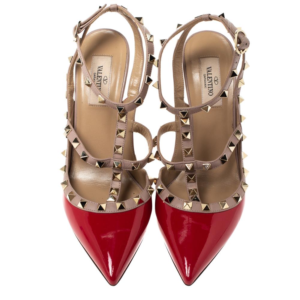 Brown Valentino Red/Beige Patent And Leather Trim Caged Rockstud Sandals Size 39.5