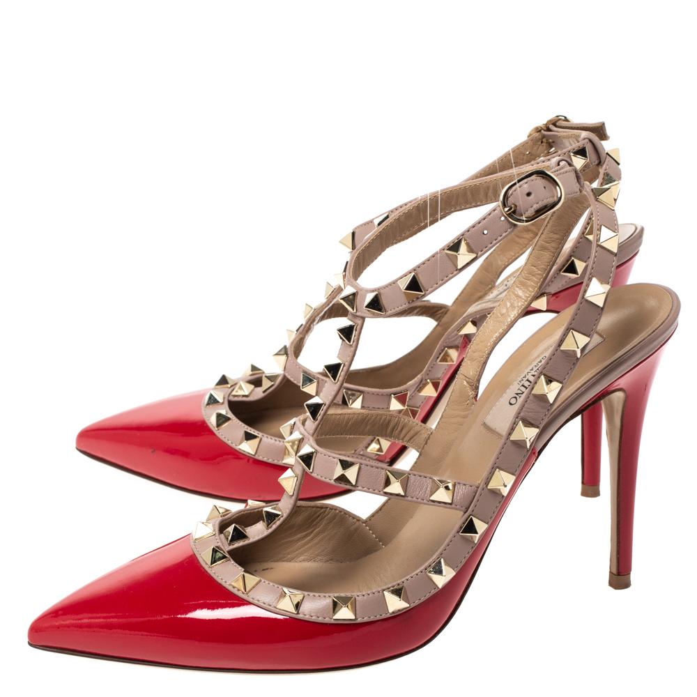 Women's Valentino Red/Beige Patent And Leather Trim Caged Rockstud Sandals Size 39.5