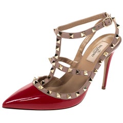 Valentino Red/Beige Patent And Leather Trim Caged Rockstud Sandals Size 39.5