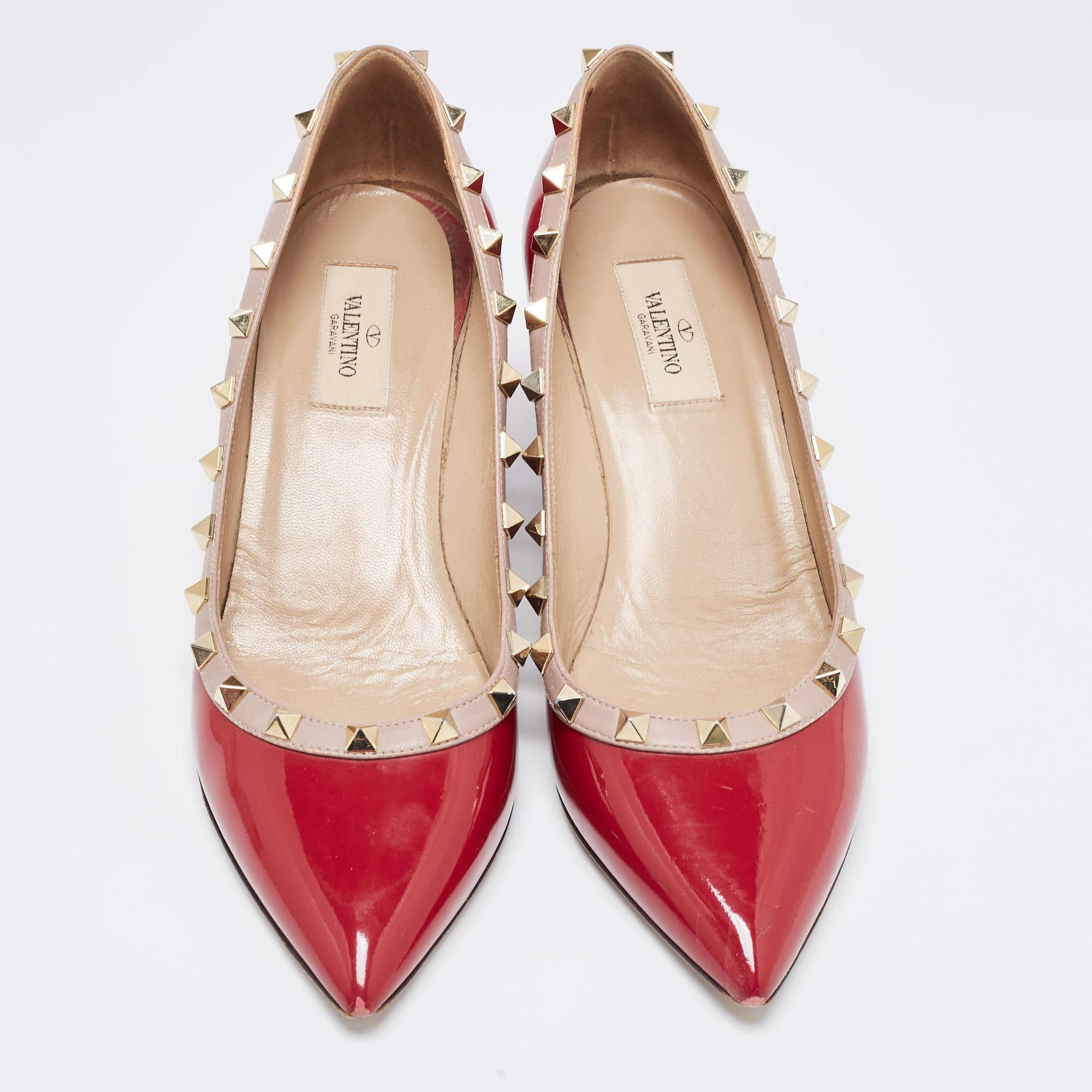 Pink Valentino Red/Beige Patent and Leather Wedge Rockstud Pumps Size 39